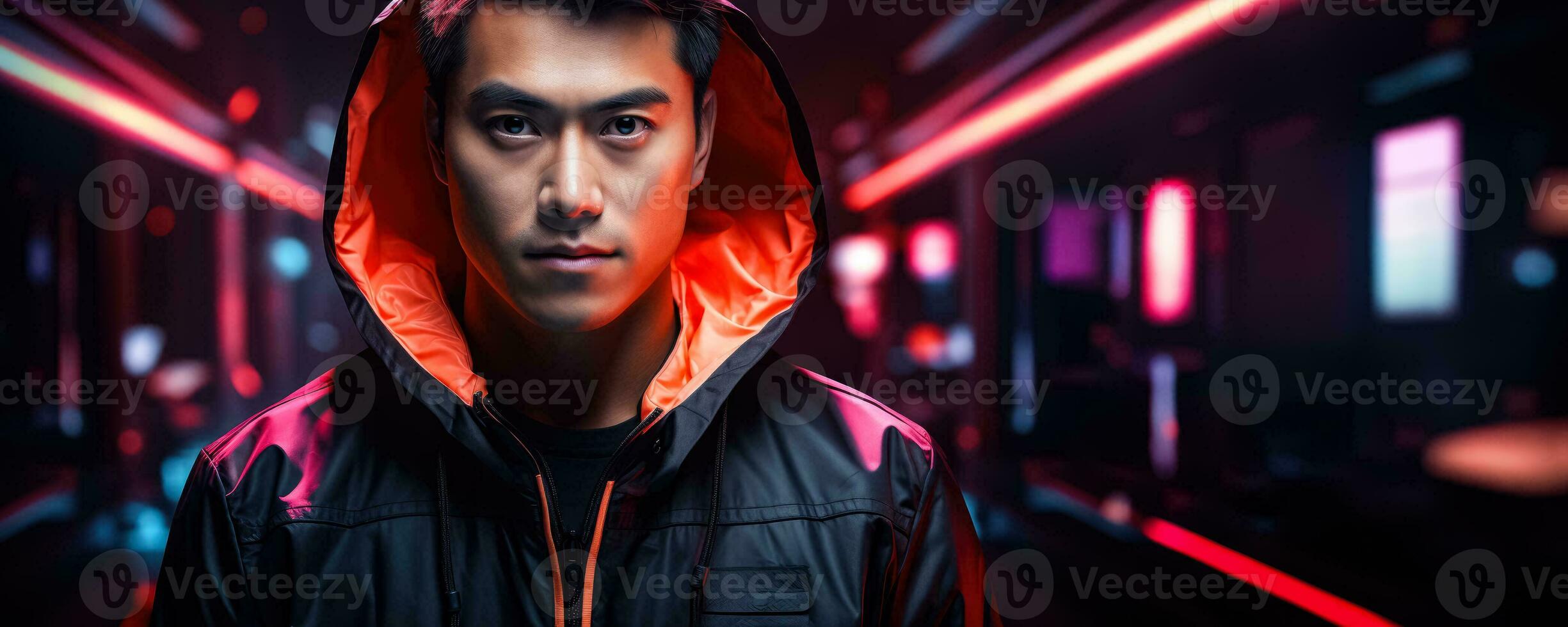 Porträt von ein jung asiatisch männlich im Neon- auf ein dunkel Studio Hintergrund Cyber Montag Konzept Hintergrund mit leeren Raum zum Text foto