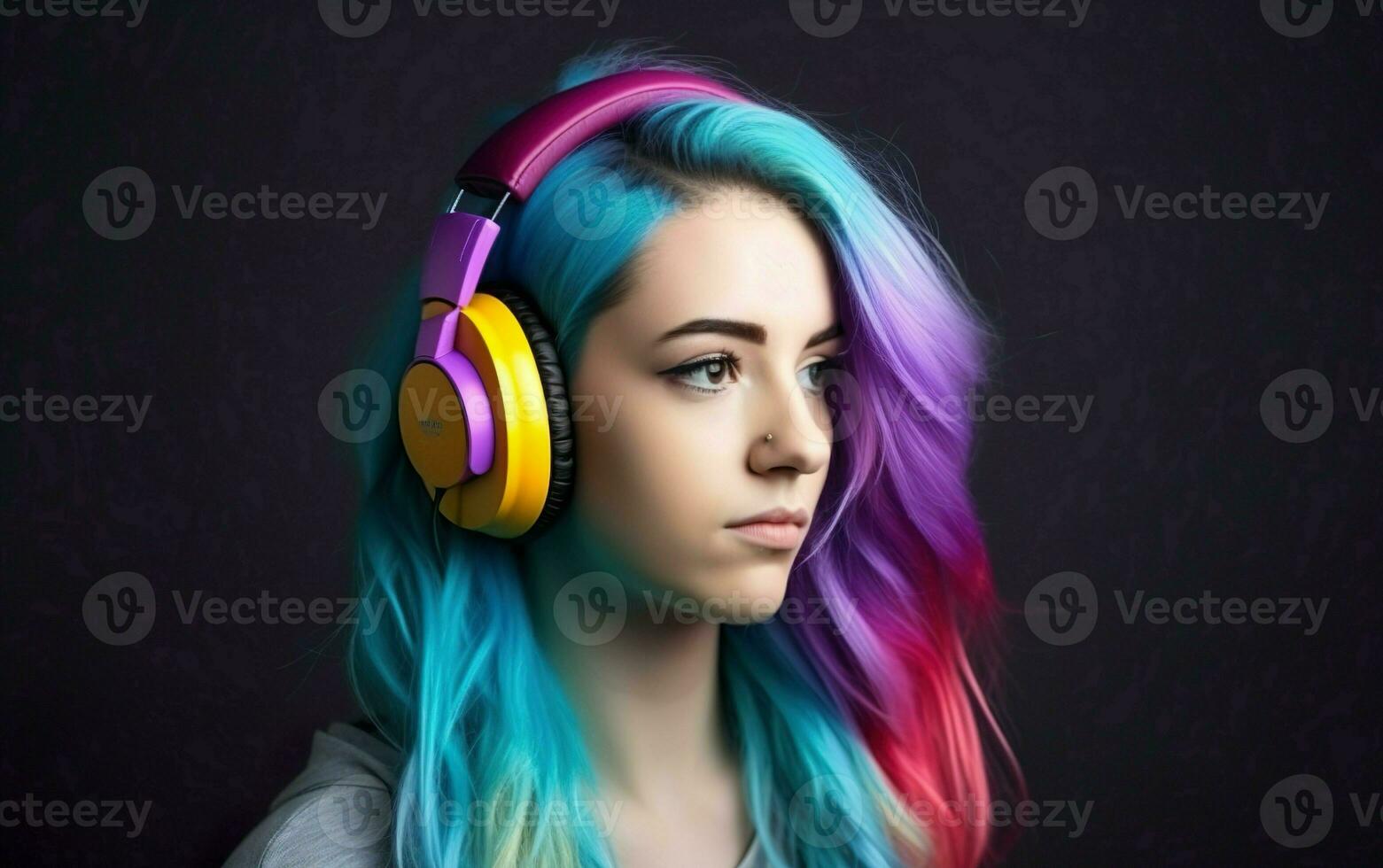 Porträt von Frau mit Regenbogen Haare Hören zu Musik- auf ein dunkel Hintergrund. ai, generativ ai foto