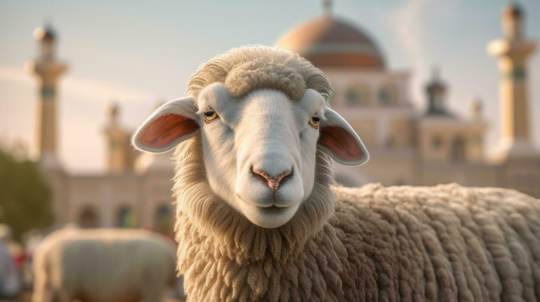 ai generativ Schaf und Moschee auf eid al adha mit dramatisch Beleuchtung foto