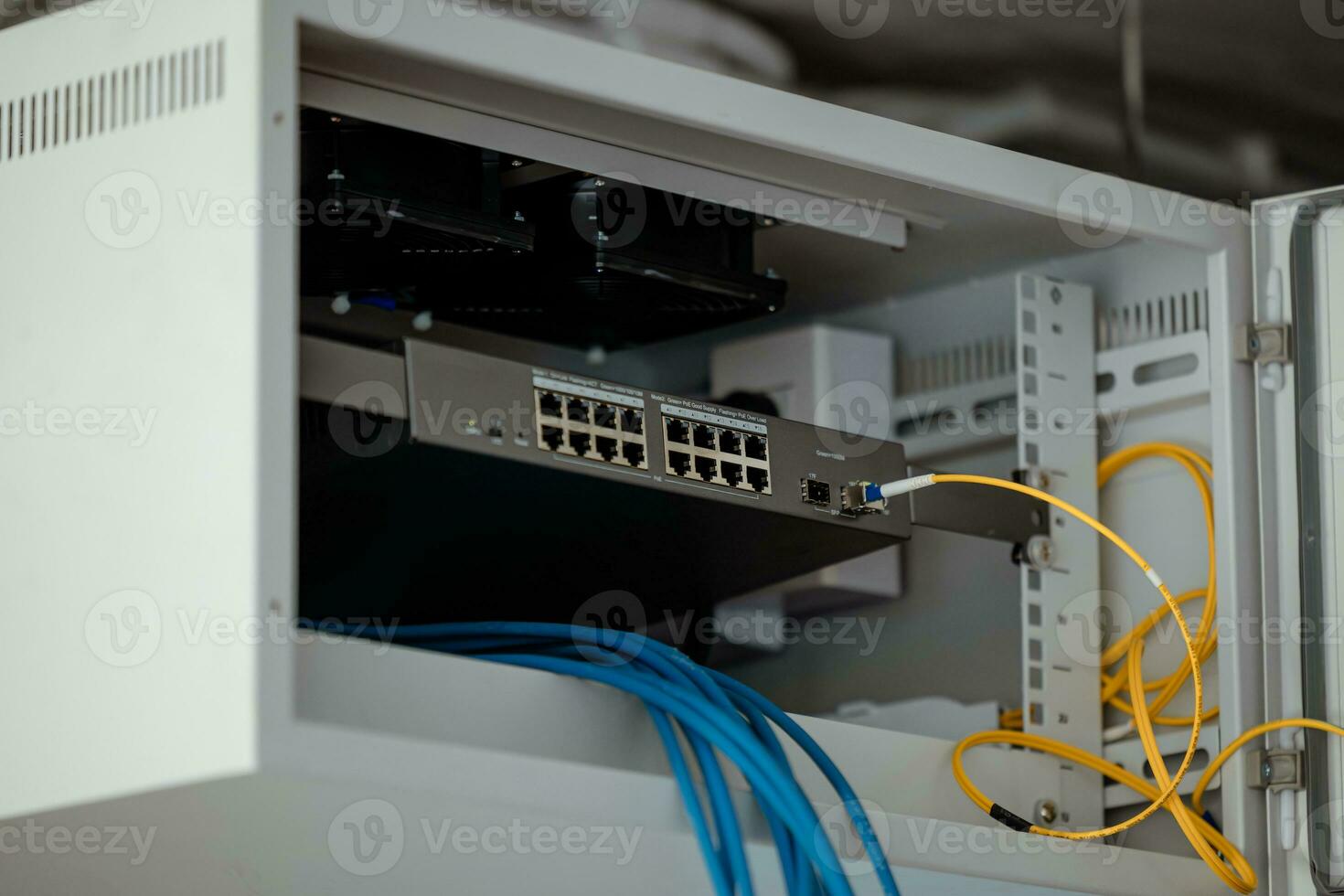 Single Gestell lan Netzwerk Schalten im Kabinett Installieren Internet Teilen Verknüpfung Seite? ˅ mit Ballaststoff Optik Gigabit. foto