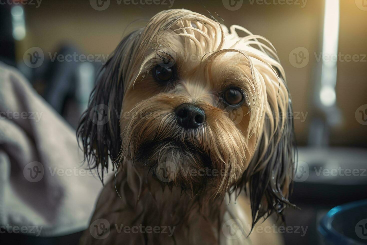 Haustier Pflege, Waschen süß flauschige Hund, nass Tier suchen beim Kamera. generativ ai foto