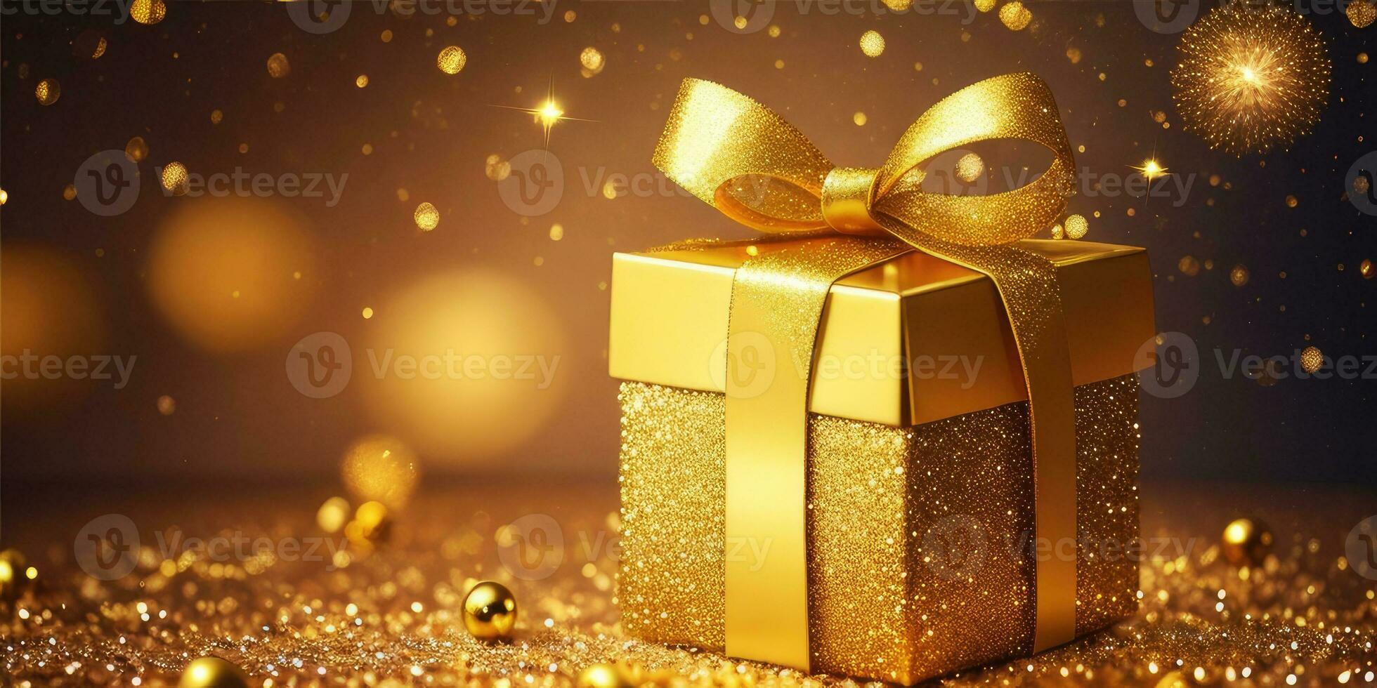 Gold Geschenk Kisten und Gold funkeln Partikel mit Bokeh Licht Hintergrund, generativ ai. foto