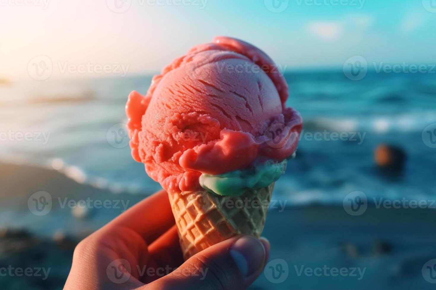 Nahansicht von Hand halten farbig Scoop von Eis Sahne im Waffel Kegel auf sonnig Tag beim Strand. generativ ai foto