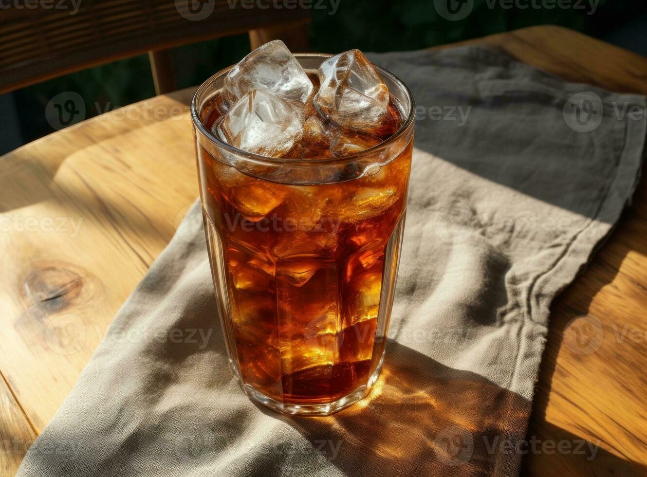 ein Eis Cola im ein Glas auf ein Sack Tabelle foto