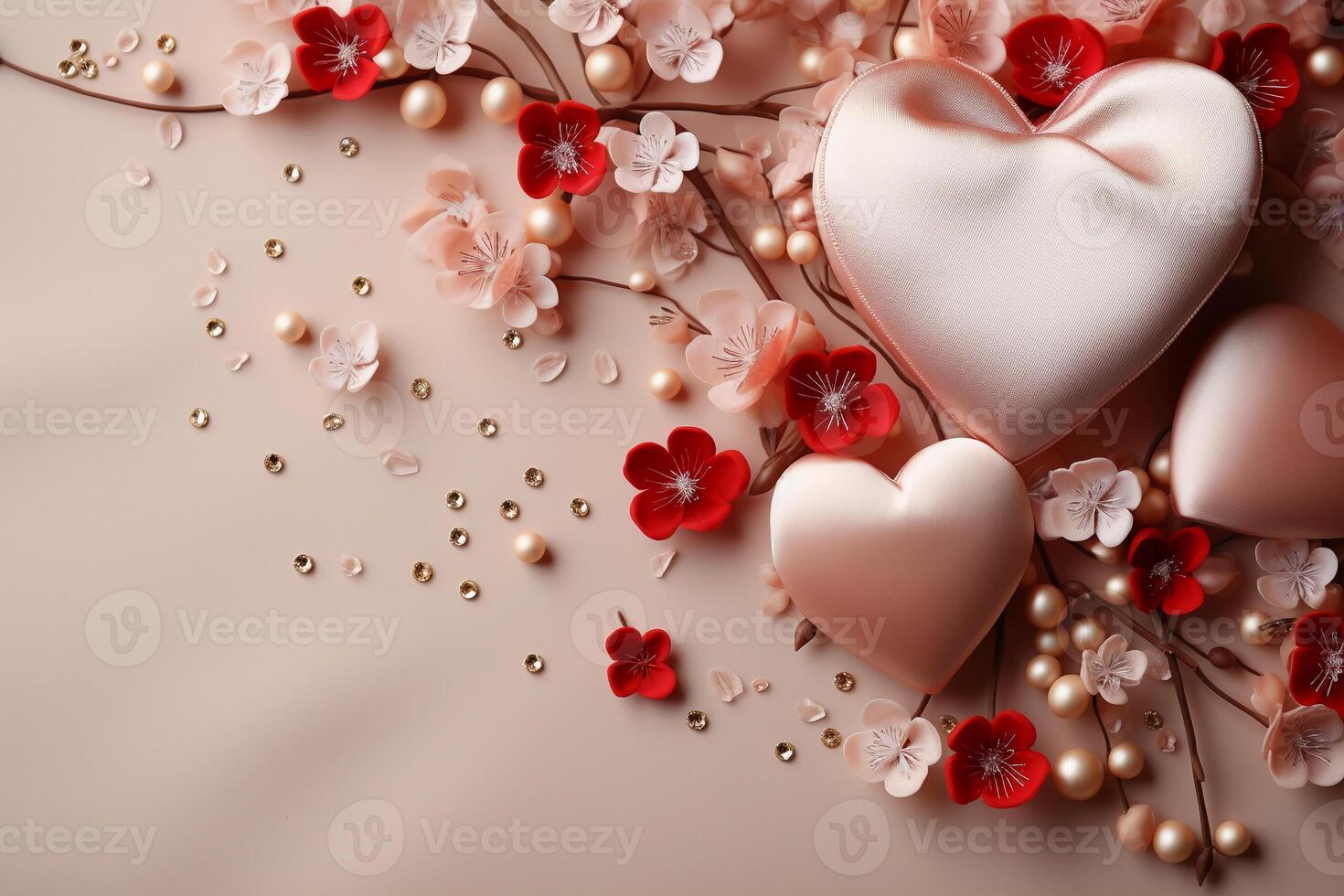 glücklich Valentinsgrüße Tag Banner. Rosa und Gold Herzen vereiteln Luftballons mit Geschenke auf Rosa Bokeh Valentinsgrüße Tag Hintergrund. ai generativ foto