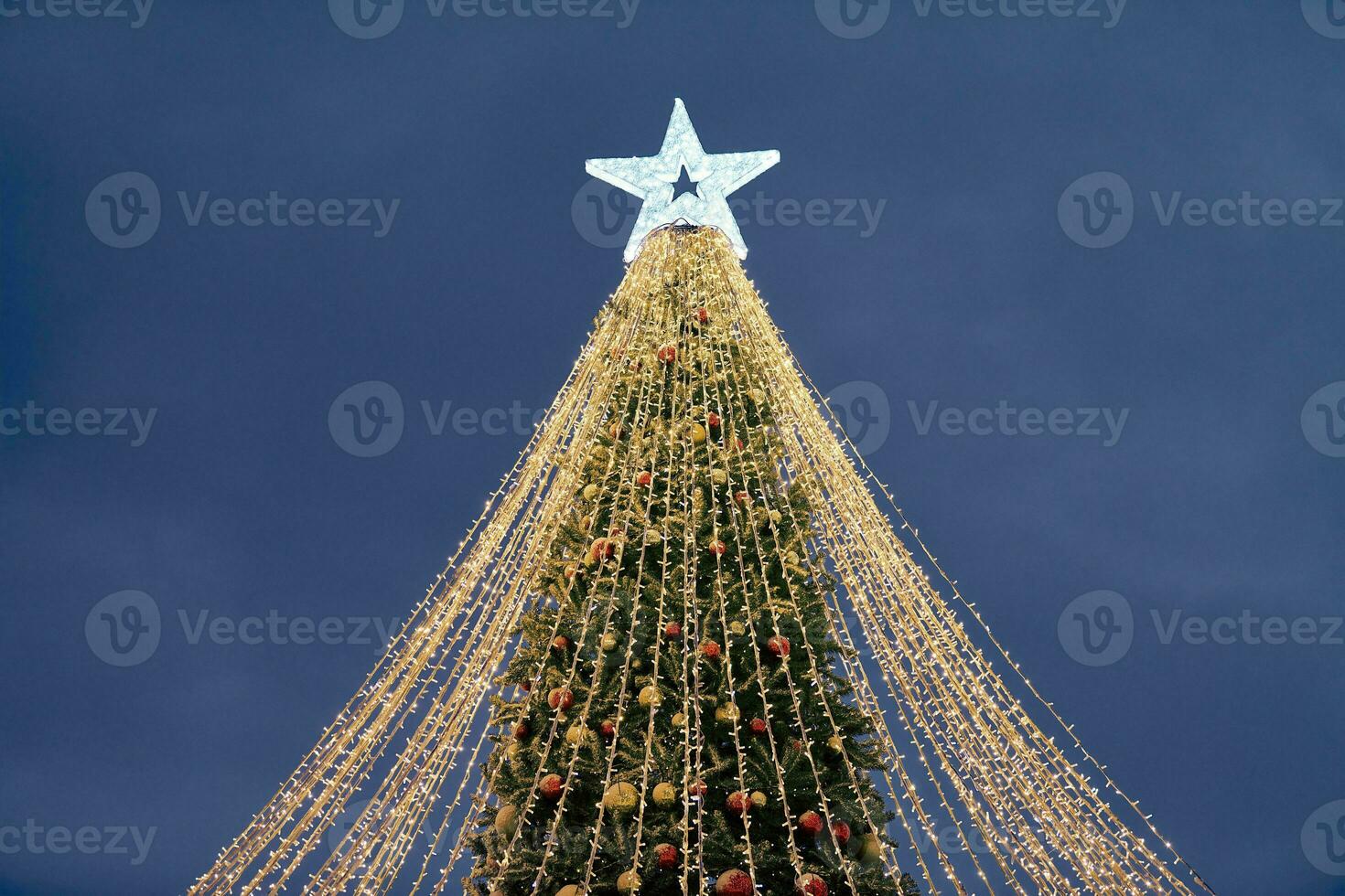 Weihnachten Baum mit Gelb Girlanden, dekorativ Glühbirnen und groß Weiß Star Topper beim Nacht Blau Himmel foto