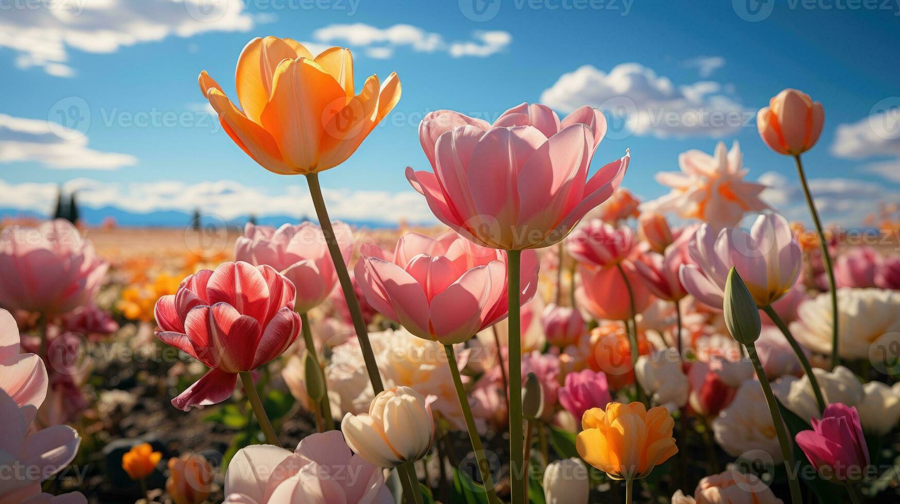 Feld von bunt Tulpen ai generiert foto