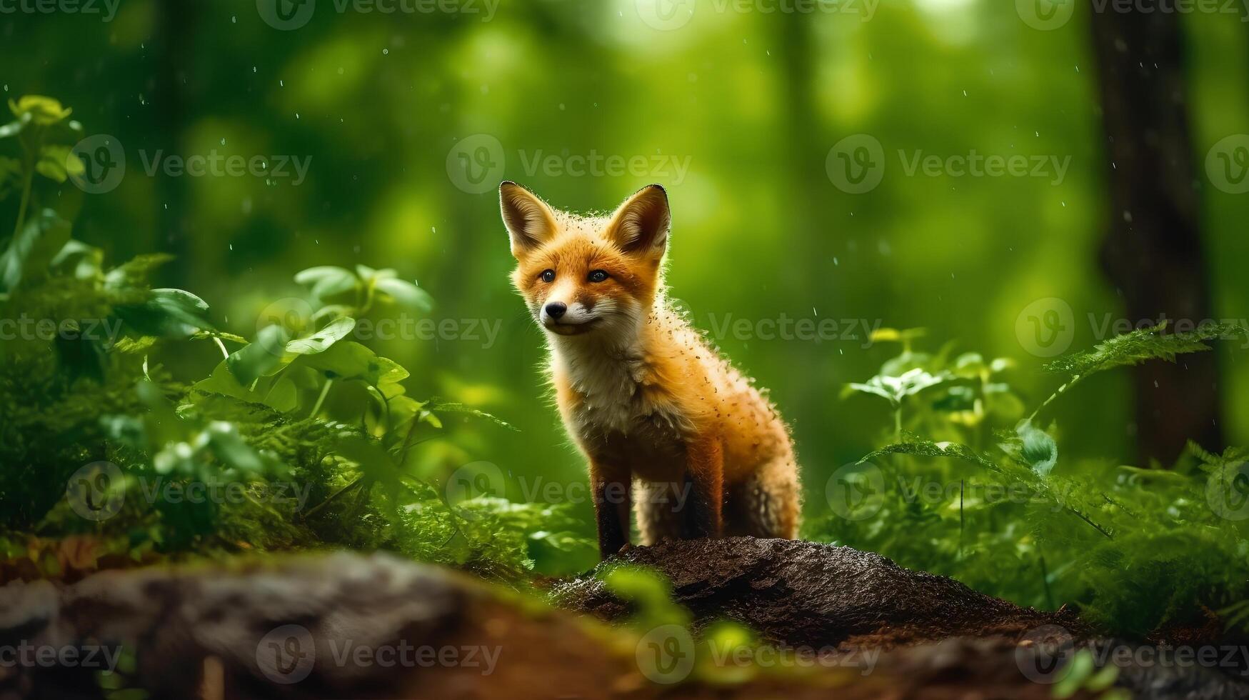 wenig Fuchs im Regen Wald ai generiert foto