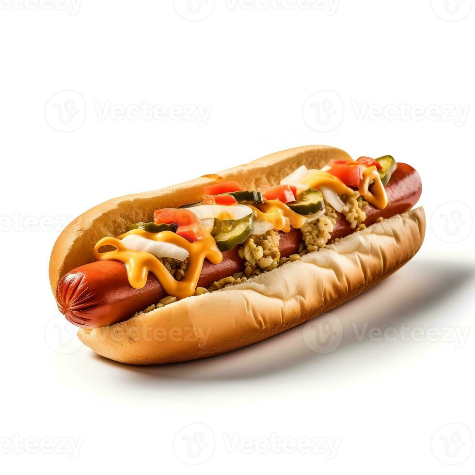 Hotdog auf Weiß Hintergrund ai generiert foto