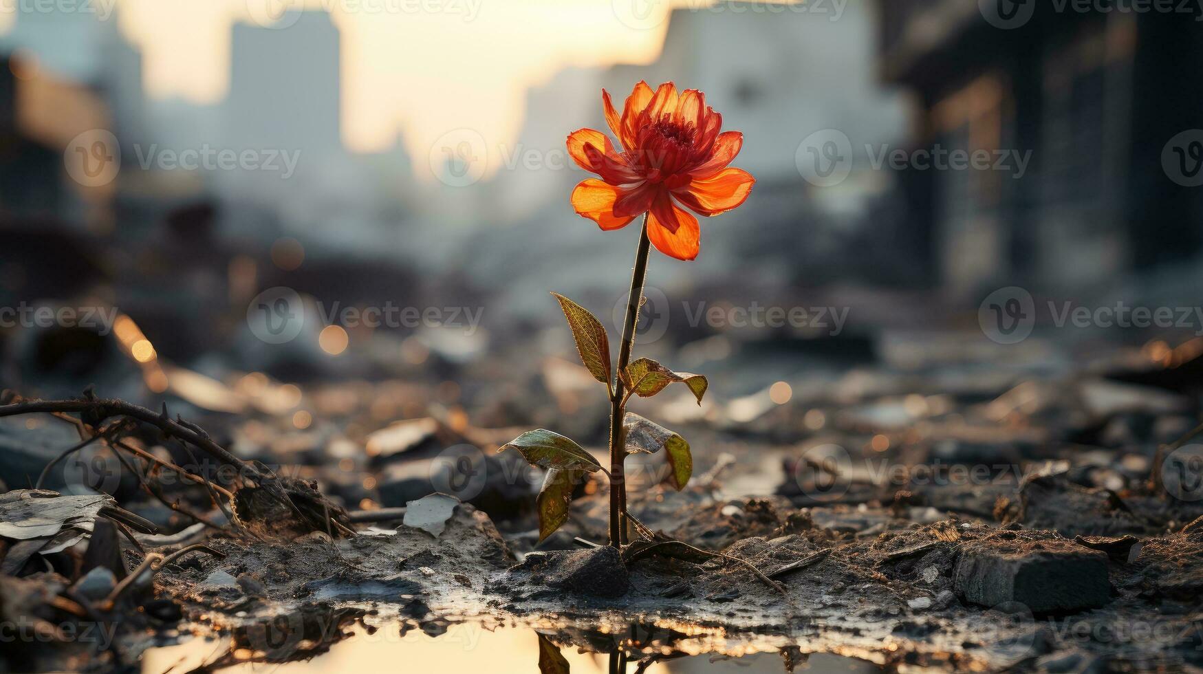 ein Blume im das zerstört Stadt ai generiert foto