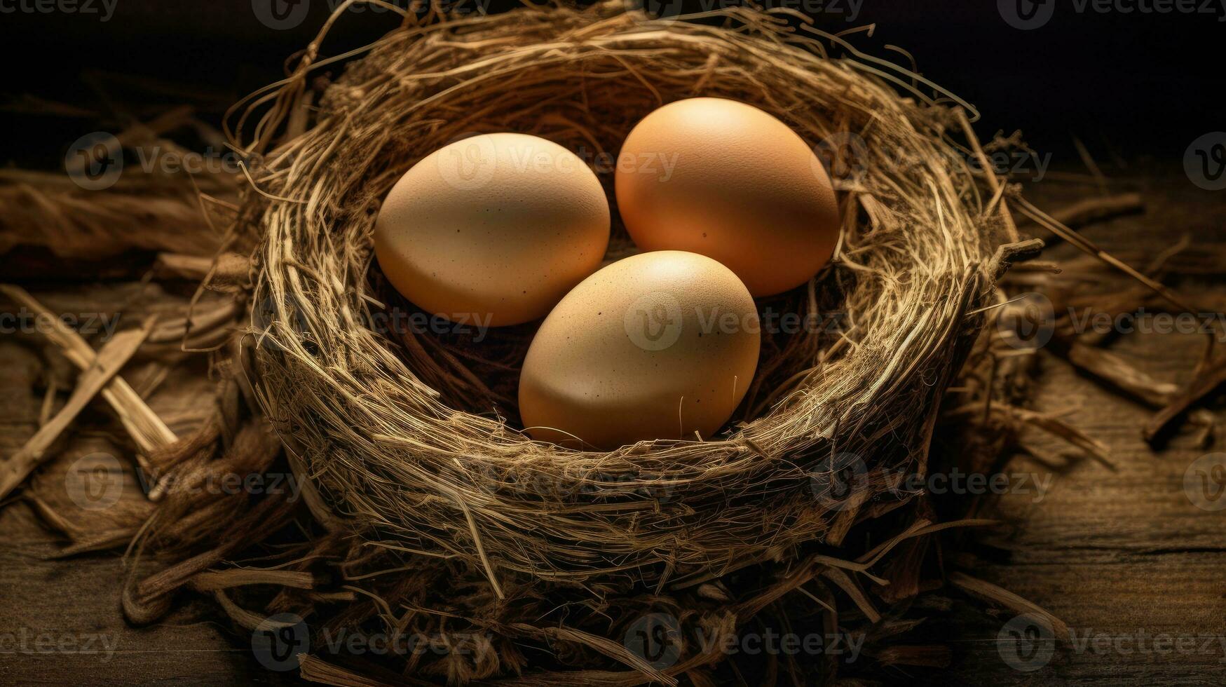 Hähnchen Eier im Nest ai generiert foto