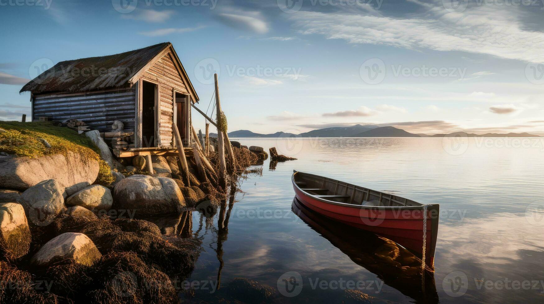 Angeln Hütte und Boot ai generiert foto