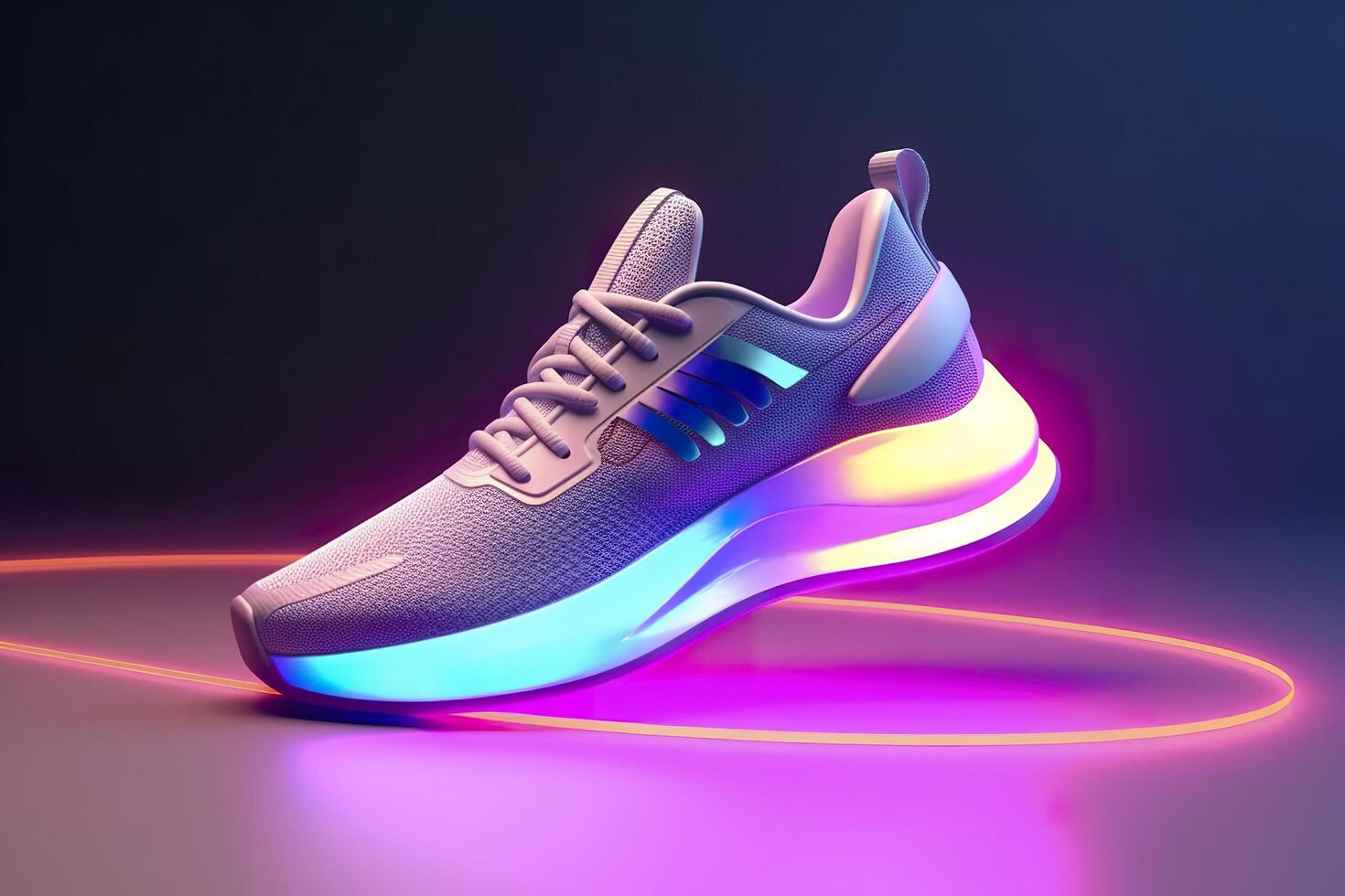 futuristisch Mode Original Turnschuhe. Zukunft Design von stilvoll Sport Schuhe mit Neon- glühen, futuristisch städtisch Ästhetik. Sportbekleidung, Stil und Mode, Morgen Schuhwerk. ai generativ foto