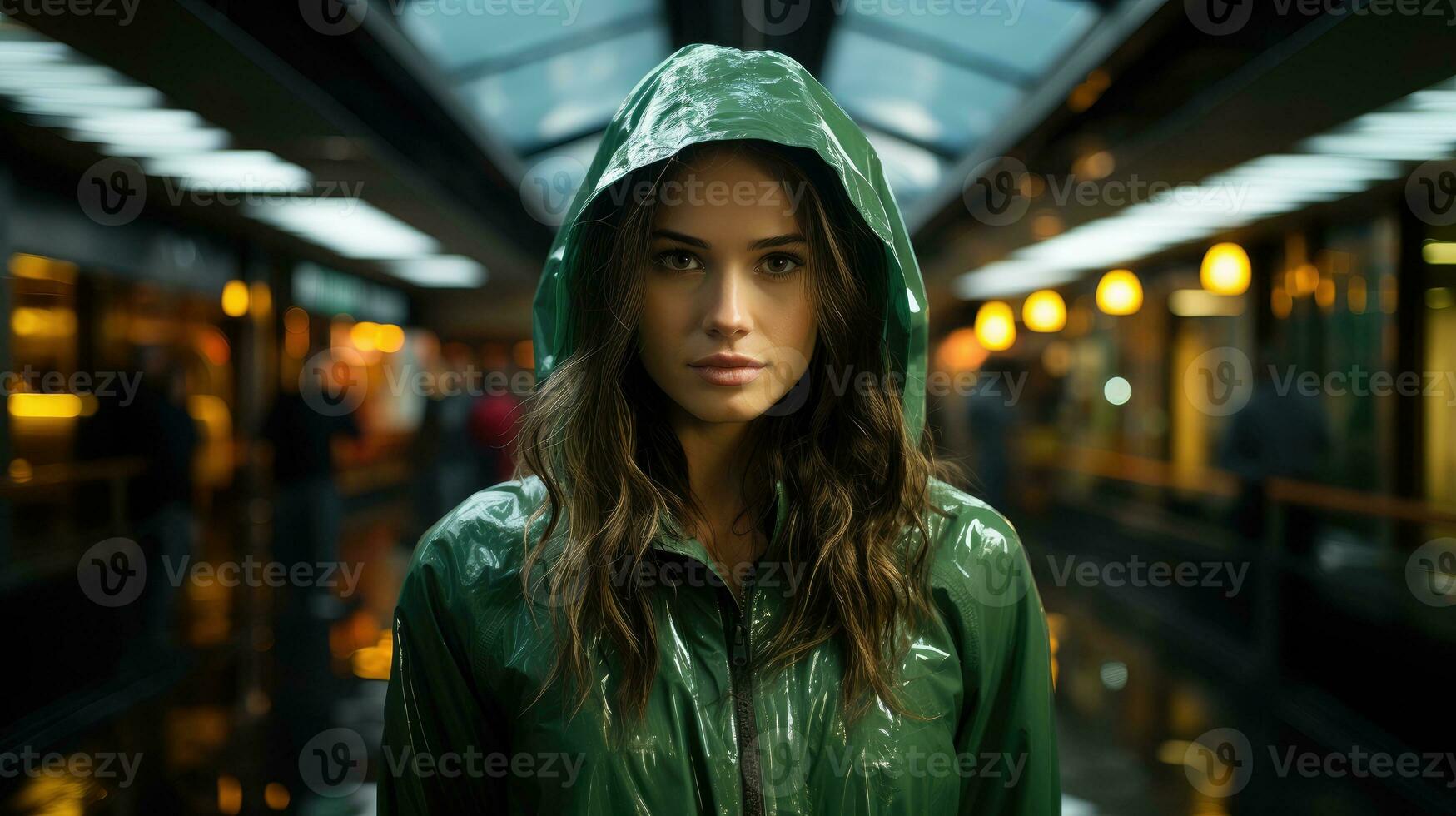 ein Frau im ein Grün Regen Mantel ai generiert foto