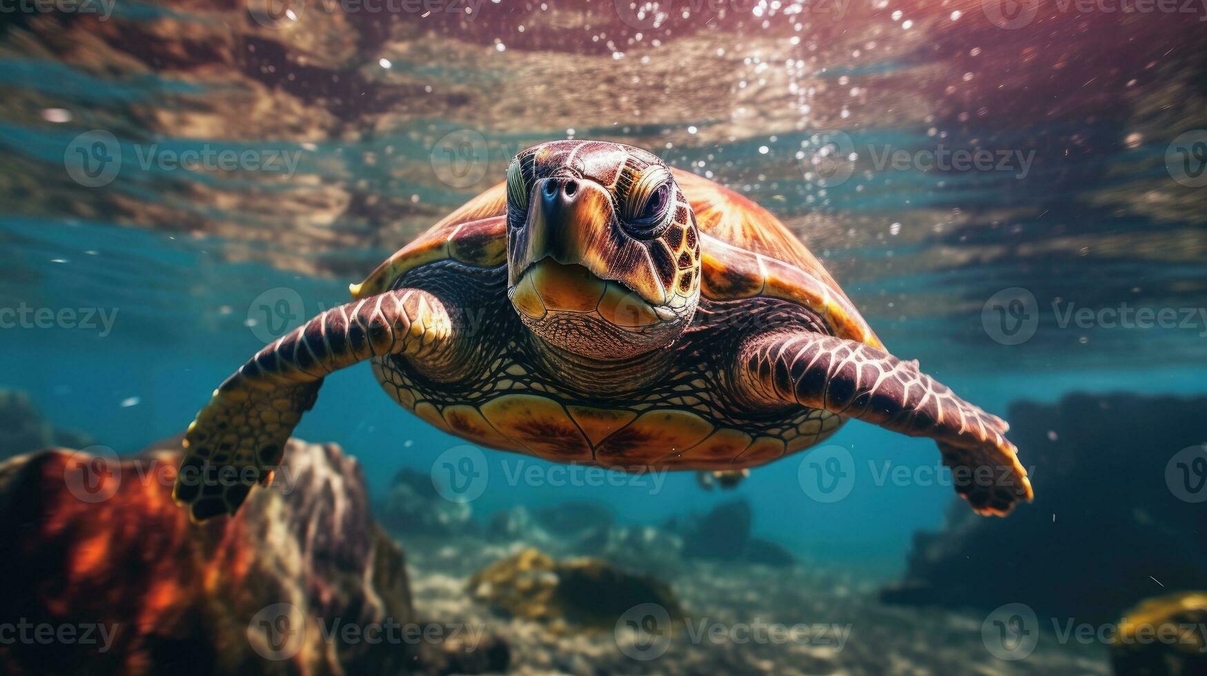 Schildkröte Schwimmen unter Wasser ai generiert foto