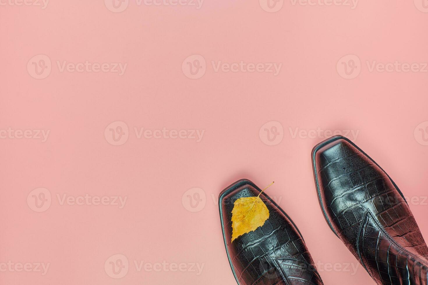 Herbst wasserdichte Damenschuhe mit Regentropfen, Kopierraum foto