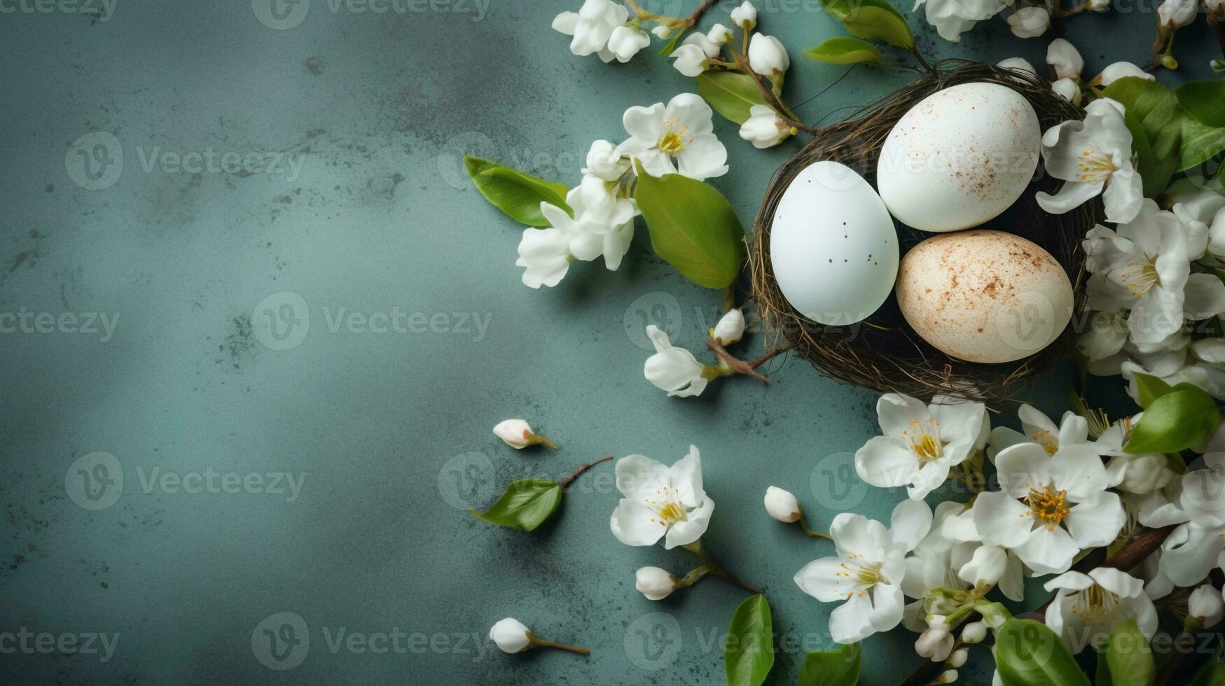 Ostern Eier und Blumen auf hölzern Hintergrund erstellt mit generativ ai foto