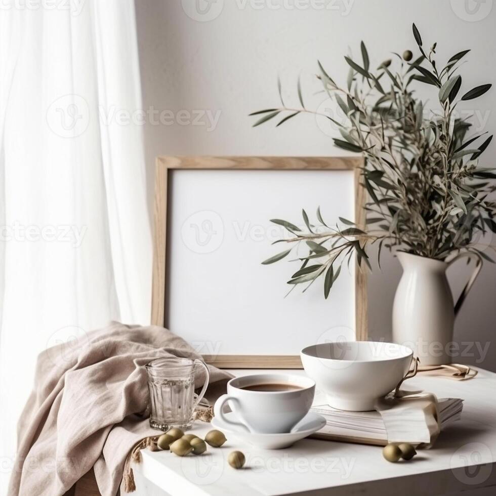 Tasse von Tee mit Blumen und Foto Rahmen erstellt mit generativ ai