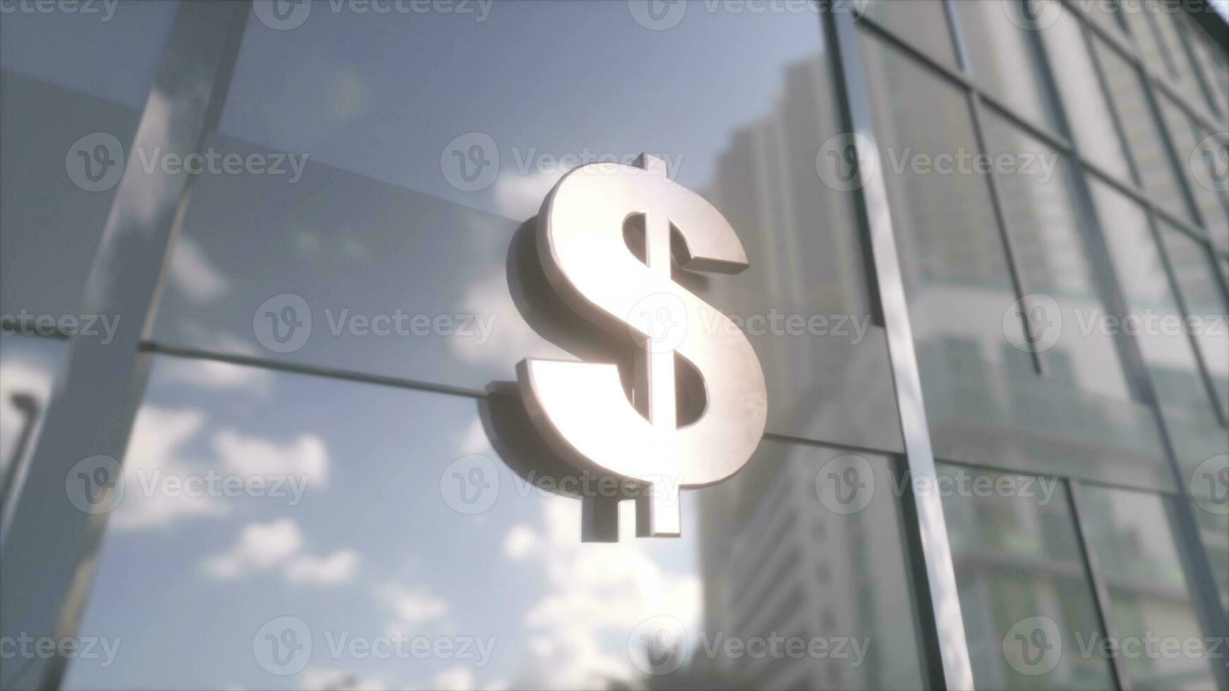 Dollar Währung Symbol auf ein modern Glas Wolkenkratzer. gespiegelt Himmel und Stadt auf modern Fassade. Geschäft und Finanzen Konzept. 3d Illustration foto