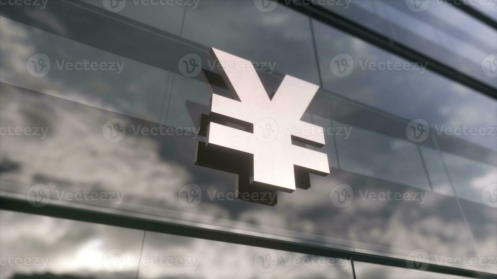 Yuan Symbol Währung Zeichen auf ein modern Glas Wolkenkratzer. gespiegelt Himmel und Stadt auf modern Fassade. 3d Illustration foto