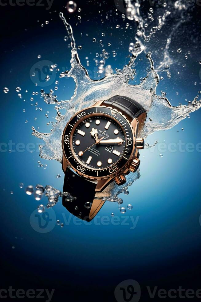 wasserdicht Luxus Herren Uhr unter Wasser im das Ozean oder Meer kommerziell Konzept, maßgeschneidert Wasser beständig Design, generativ ai foto