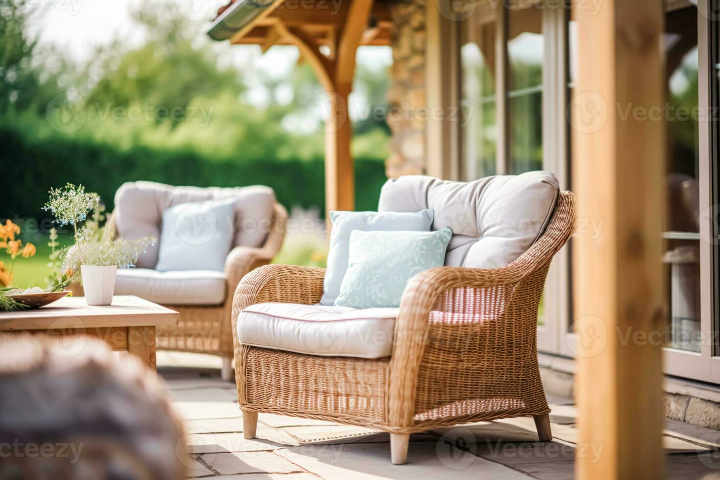 Hütte draussen Möbel und Landschaft Haus Terrasse und Terrasse Dekor, Garten Salon im Land Stil, generativ ai foto