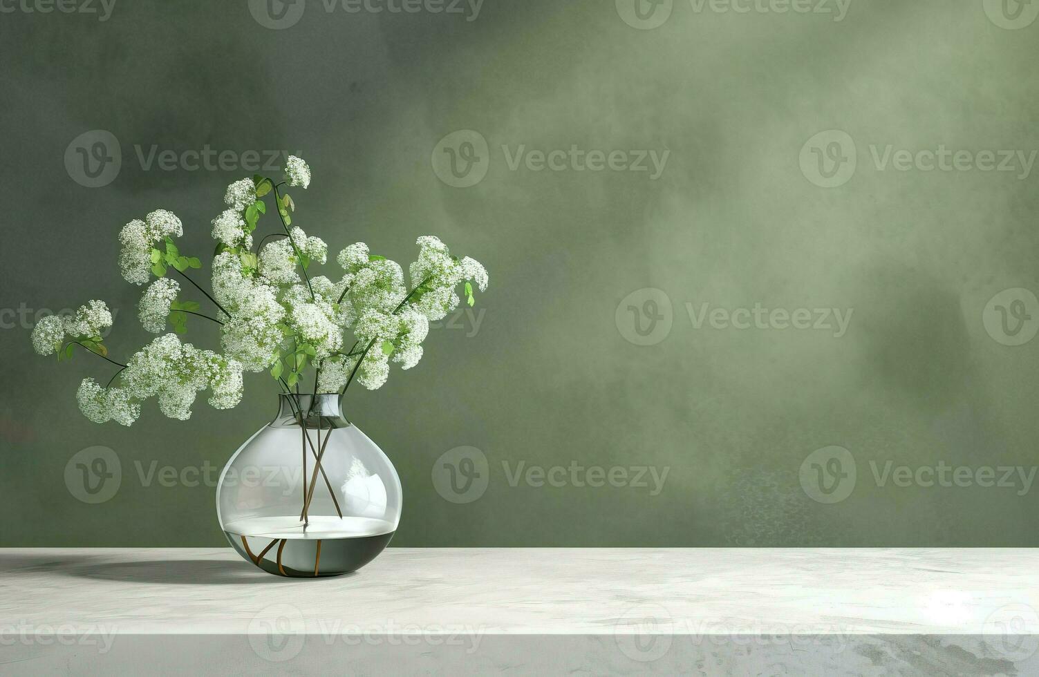 modern Glas Vase mit Weiß Blumen im Sonnenlicht von Fenster auf Grün Wand, Schatten auf Fußboden zum Dekoration, Luxus Kosmetika, Hautpflege, Schönheit Produkt Hintergrund Anzeige foto