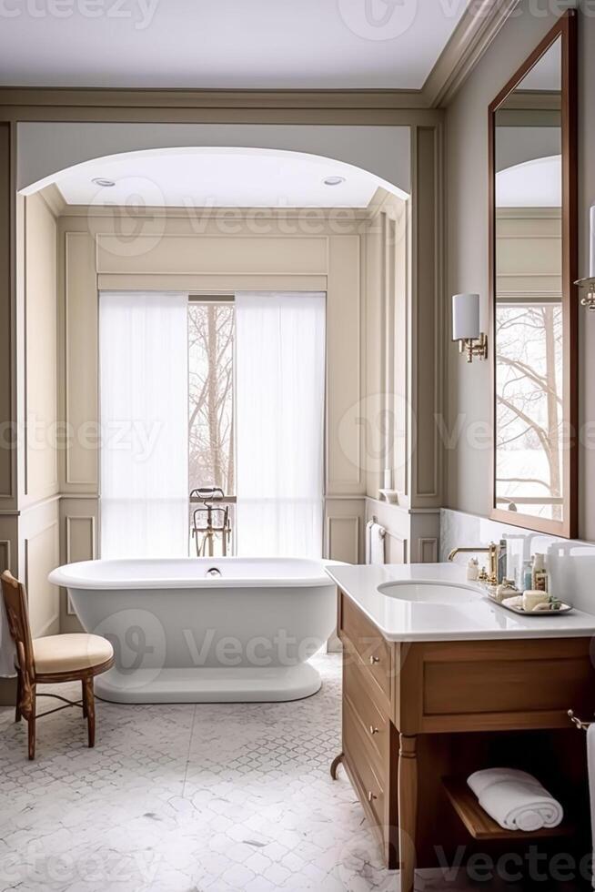 Land Badezimmer Dekor, Innere Design und Zuhause Verbesserung, Badewanne und Badezimmer Möbel, Land Hütte Stil im Winter, generativ ai foto