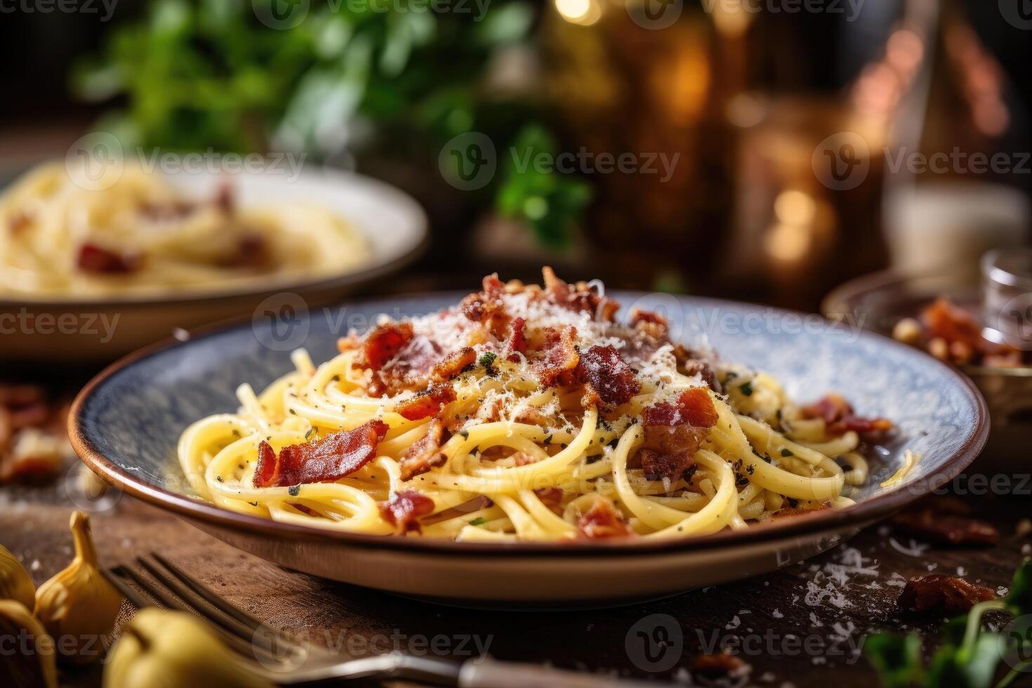 Lager Foto von Spaghetti alla Carbonara im Küche Tabelle ai generiert