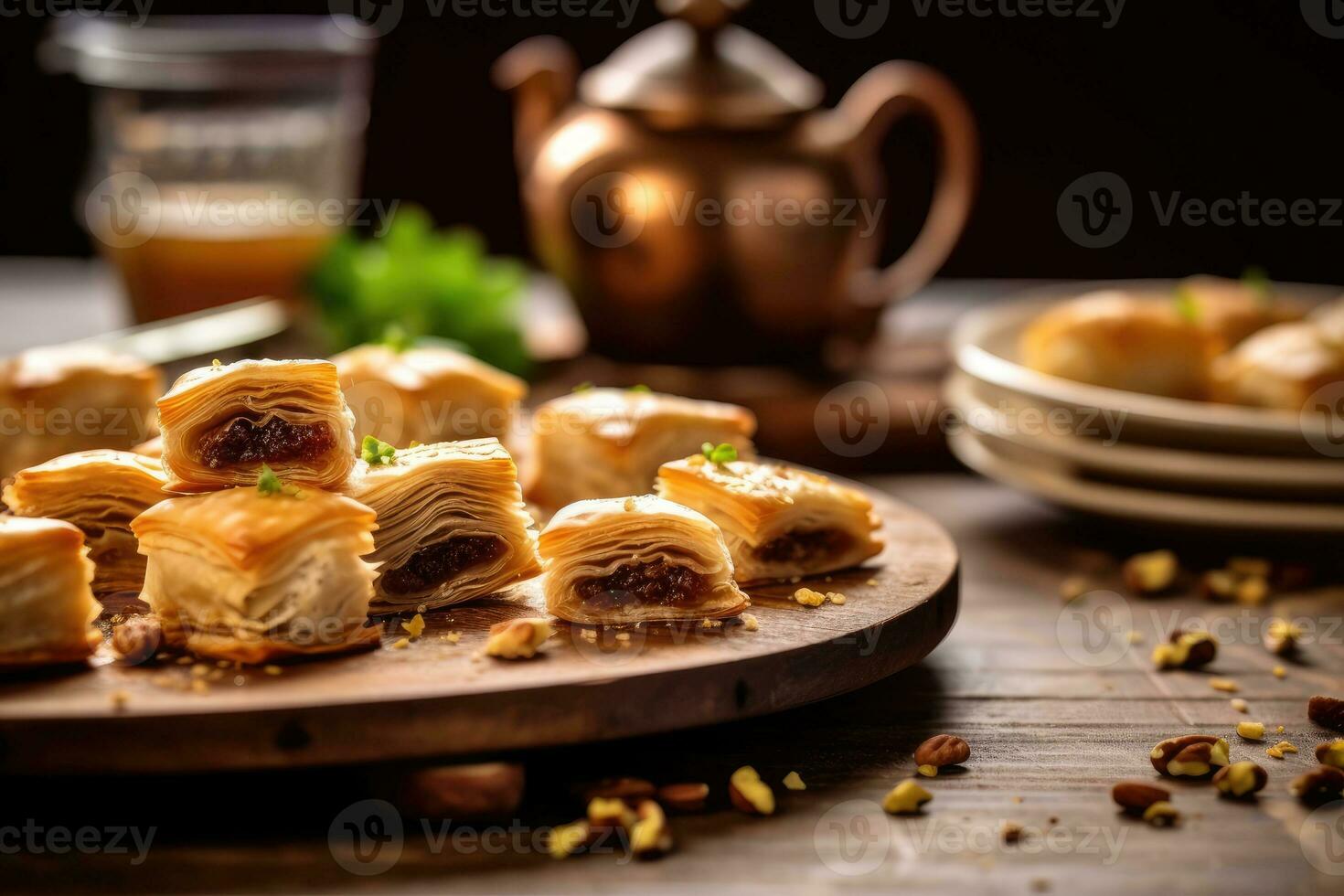 Baklava im das Küche Tabelle Essen Fotografie ai generiert foto