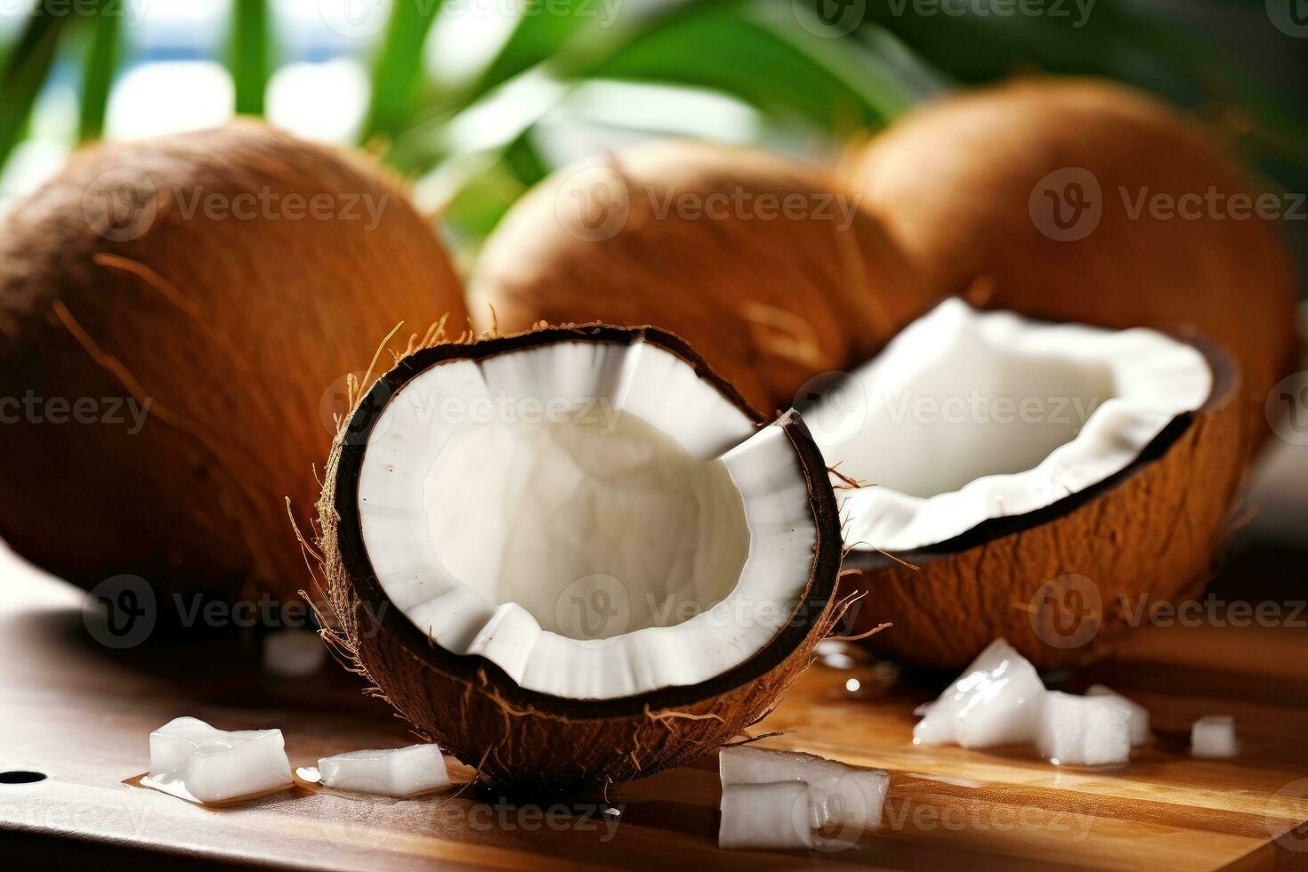frisch jung Kokosnüsse im das Küche Tabelle Essen Fotografie ai generiert foto