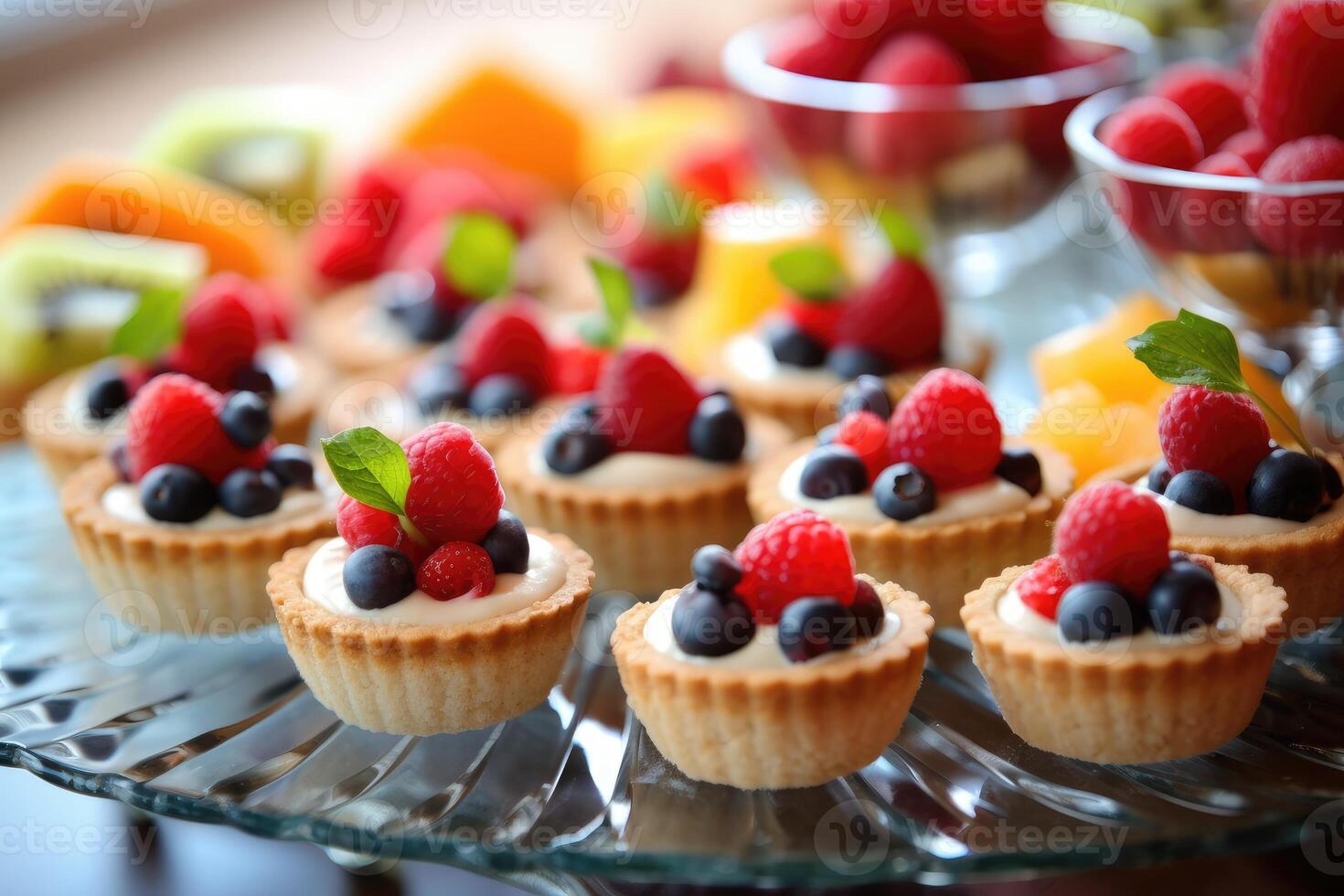 Dessert und Früchte auf Buffet Essen Fotografie ai generiert foto