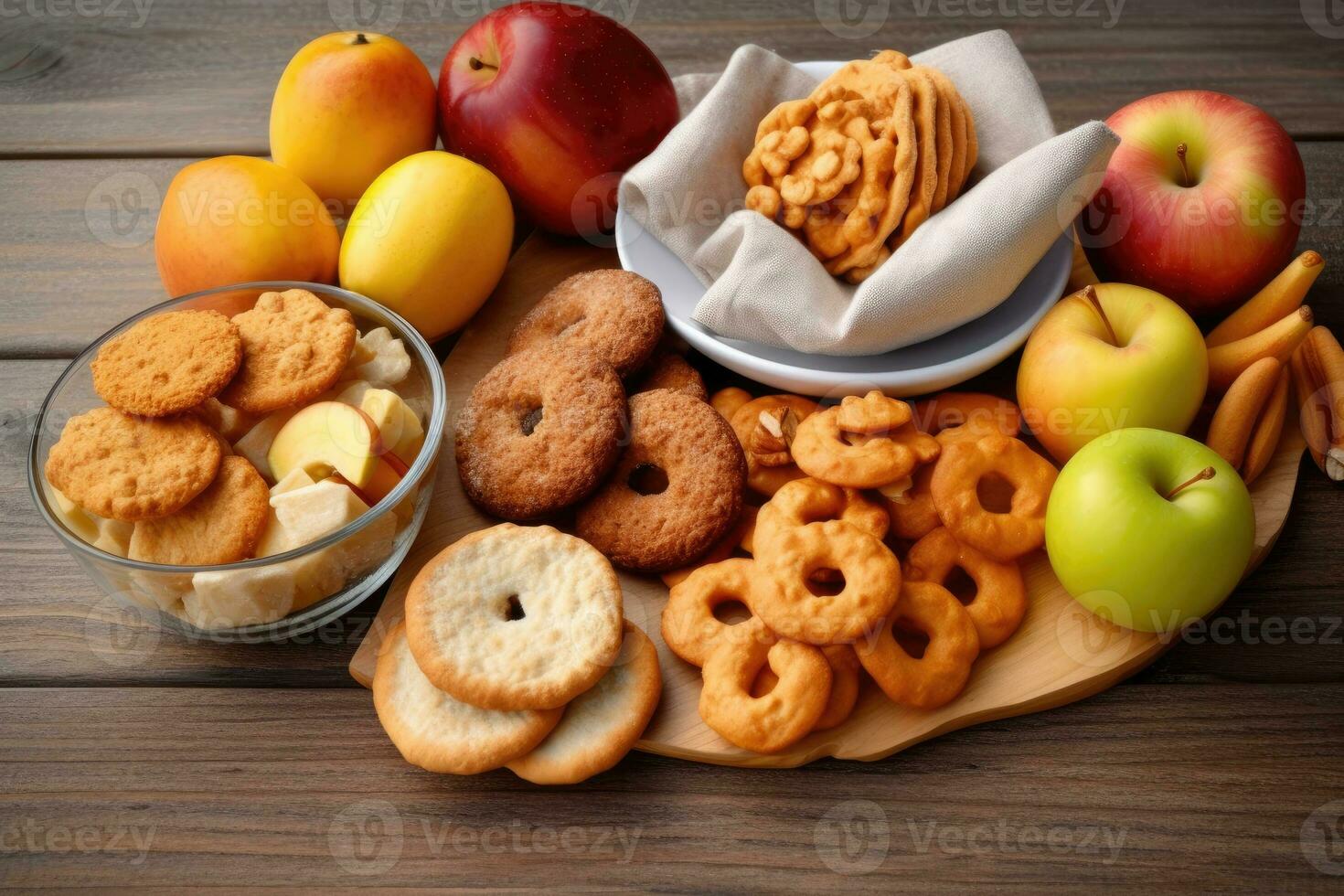 Kalorie Snacks im das Küche Tabelle Essen Fotografie ai generiert foto