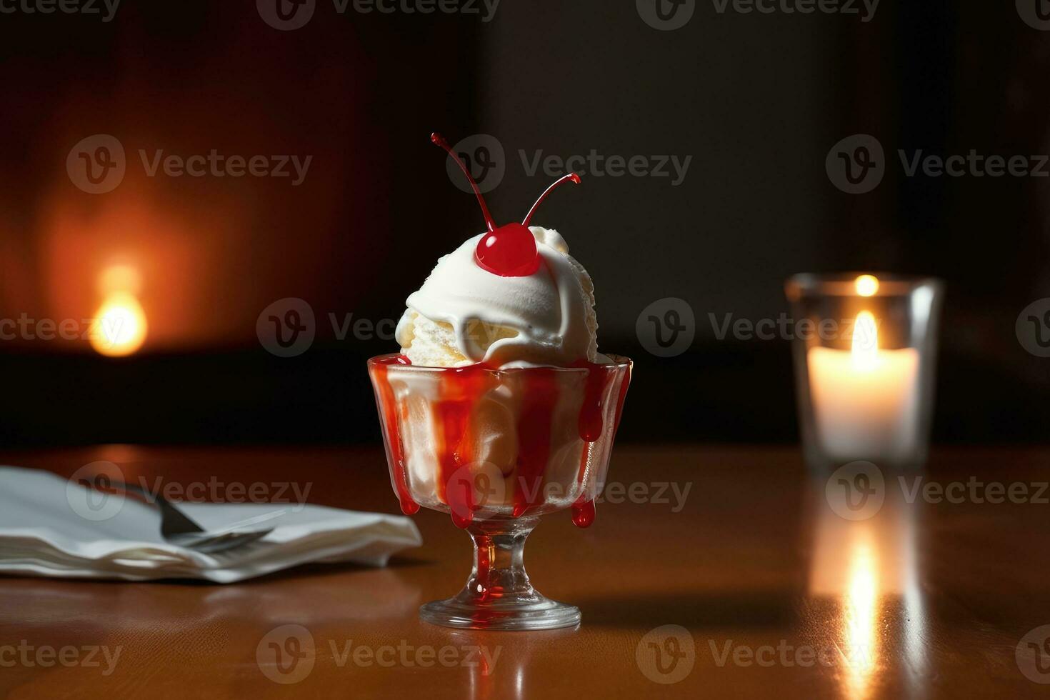 rot Licht Eisbecher im das Küche Tabelle Essen Fotografie ai generiert foto