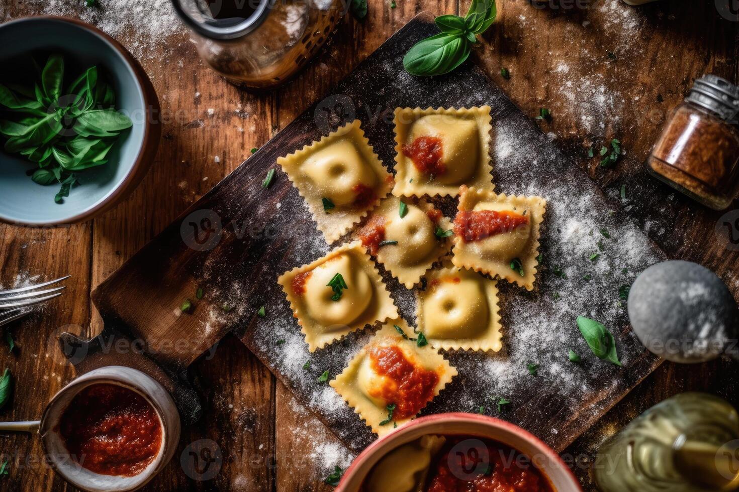 Ravioli im das Küche Tabelle Essen Fotografie ai generiert foto