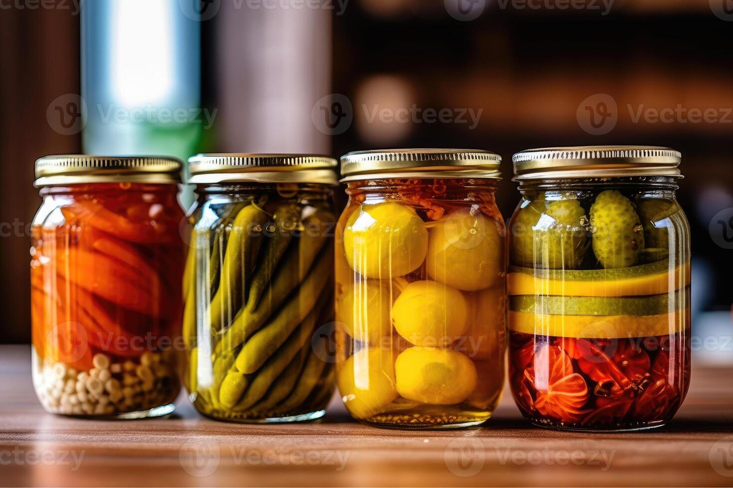 Dosen- Obst im das Küche Tabelle Essen Fotografie ai generiert foto