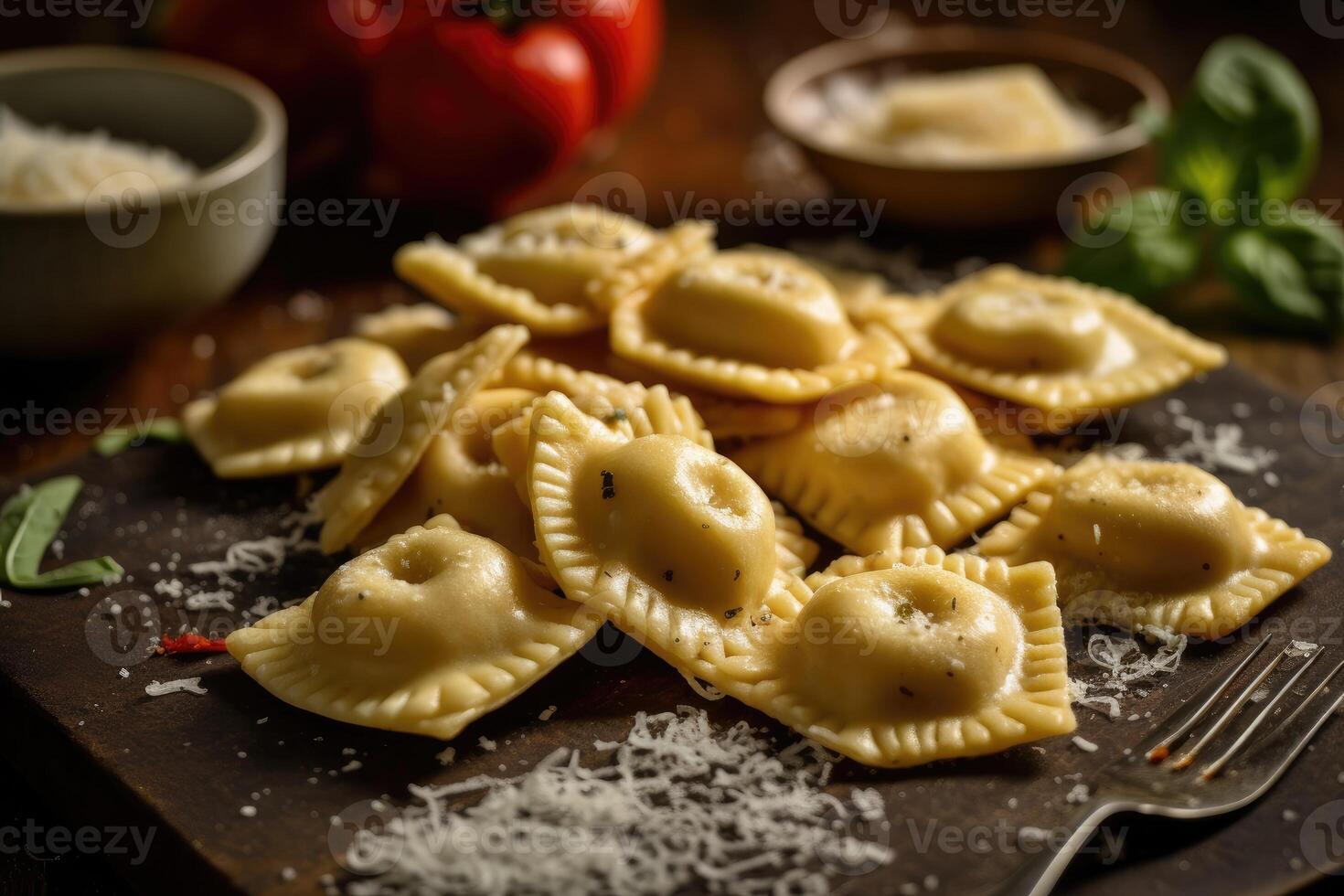 Käse Ravioli im das Küche Tabelle Essen Fotografie ai generiert foto