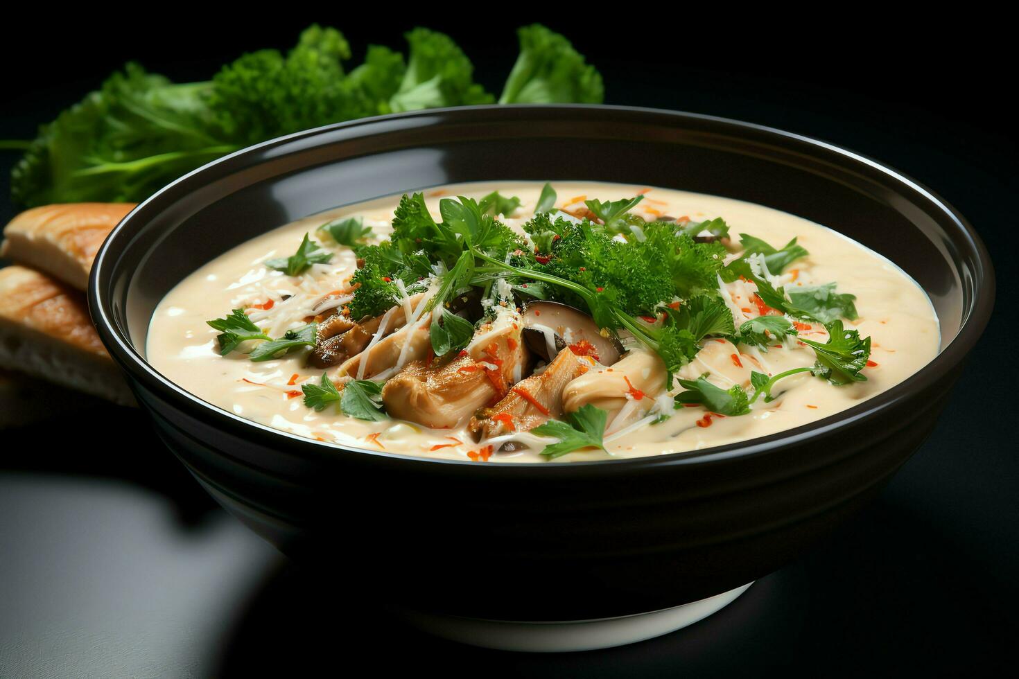 ein köstlich Hähnchen Suppe Essen mit Gemüse im ein Schüssel. Winter Essen und hoch Protein Suppe Mahlzeit Konzept durch ai generiert foto