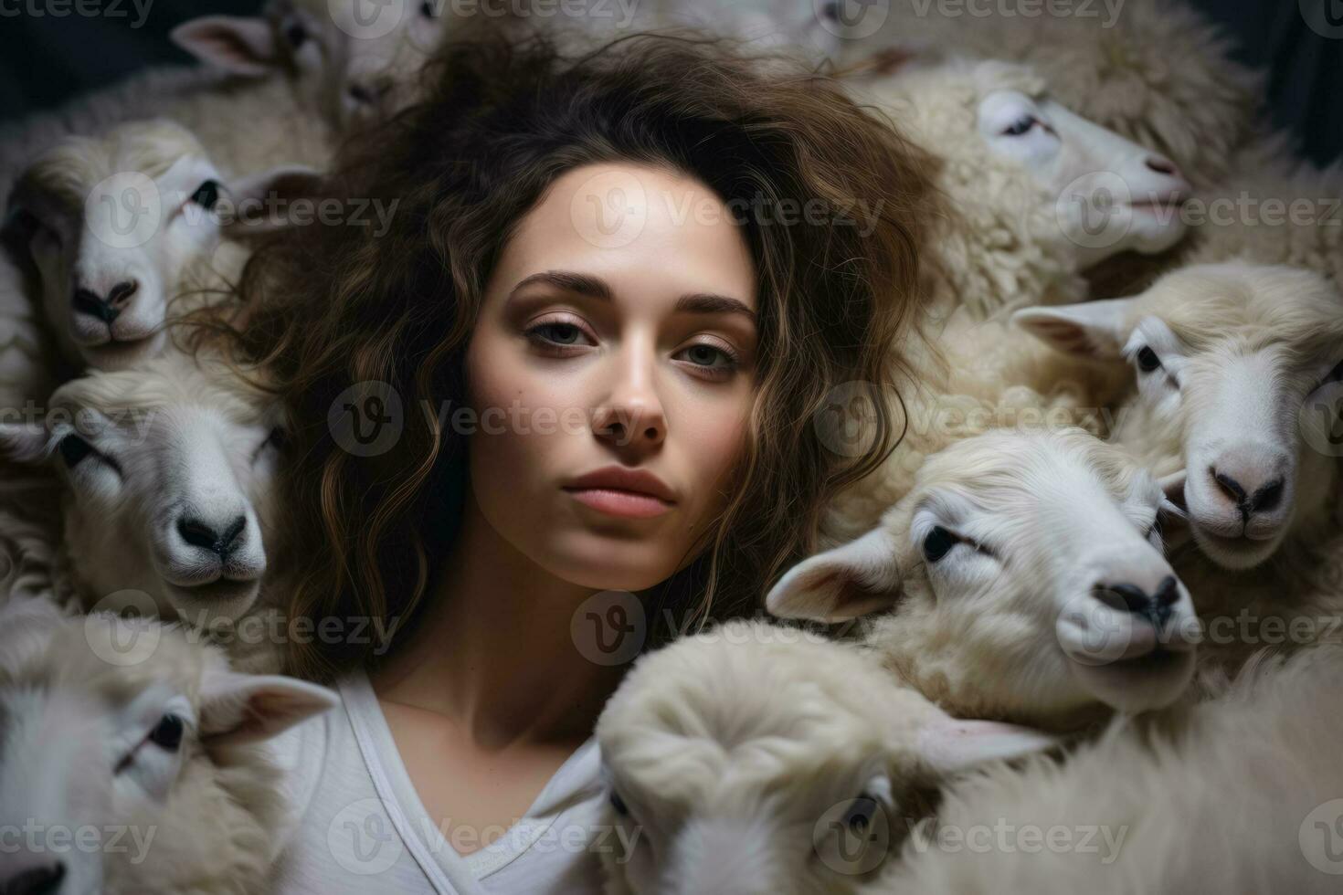 Frau versucht es zu Schlaf und Zählen Schaf im das Bett foto