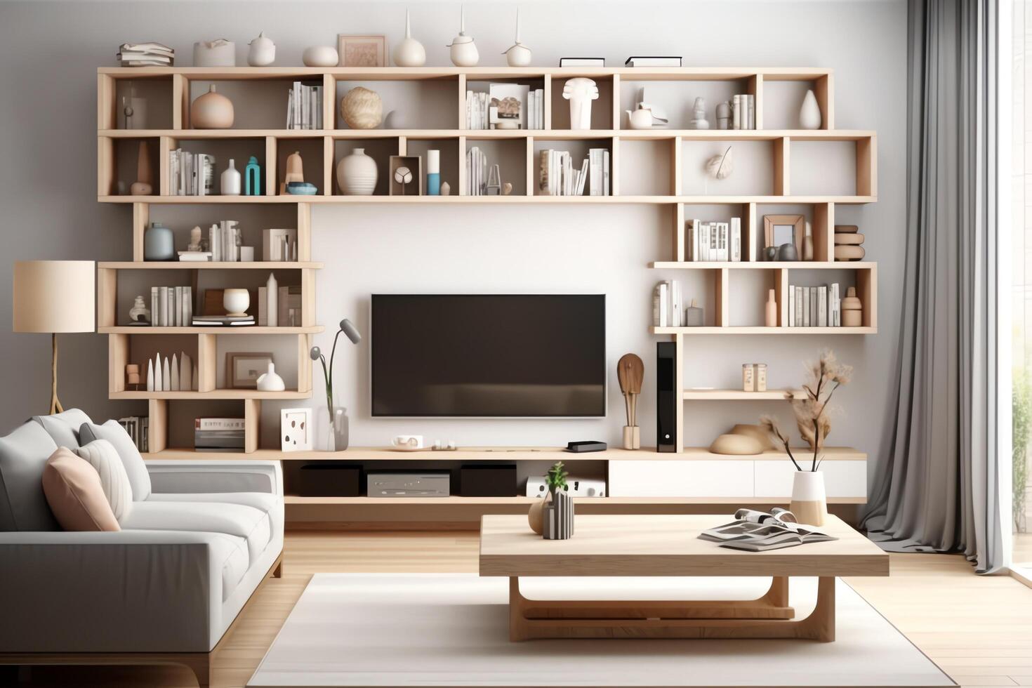 modern Wohnung Innere im Leben oder Schlafzimmer Design mit Arbeiten Tisch, Möbel, und Bücherregal. Luxus Zuhause skandinavisch Konzept durch ai generiert foto