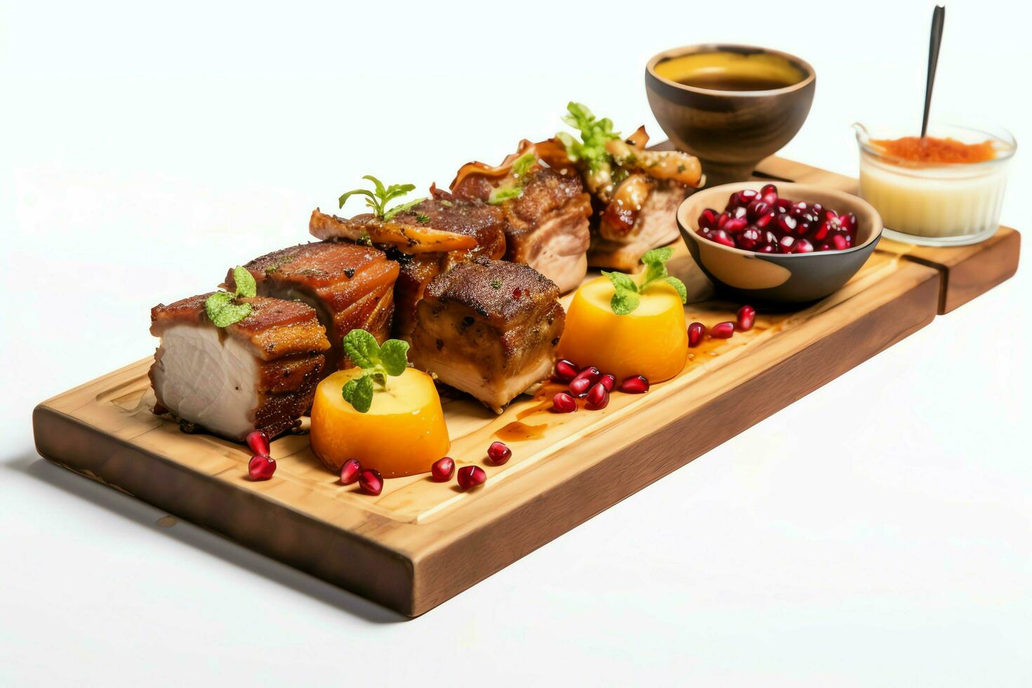 Schweinefleisch Bauch braaivleis mit Mango und Chili Soße serviert auf ein hölzern Planke. Restaurant Essen Konzept durch ai generiert foto