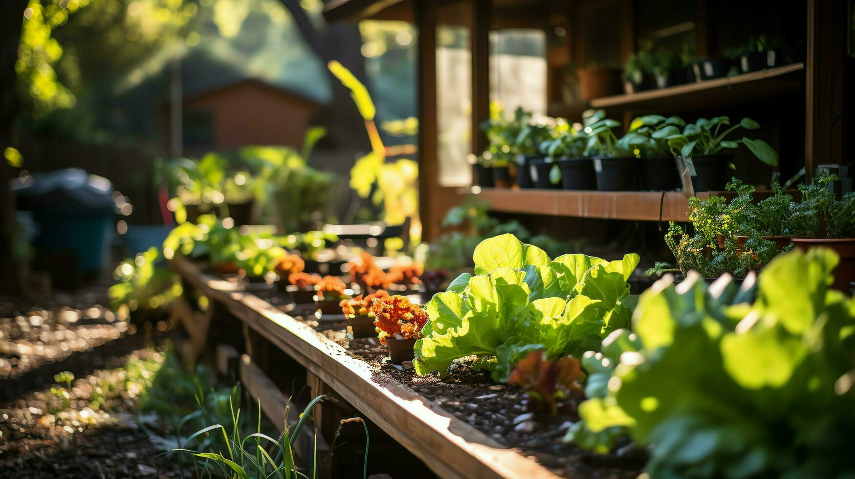 hölzern Haus im Dorf mit Pflanzen und Blumen im Hinterhof Garten. Garten und Blume auf ländlich Haus Konzept durch ai generiert foto