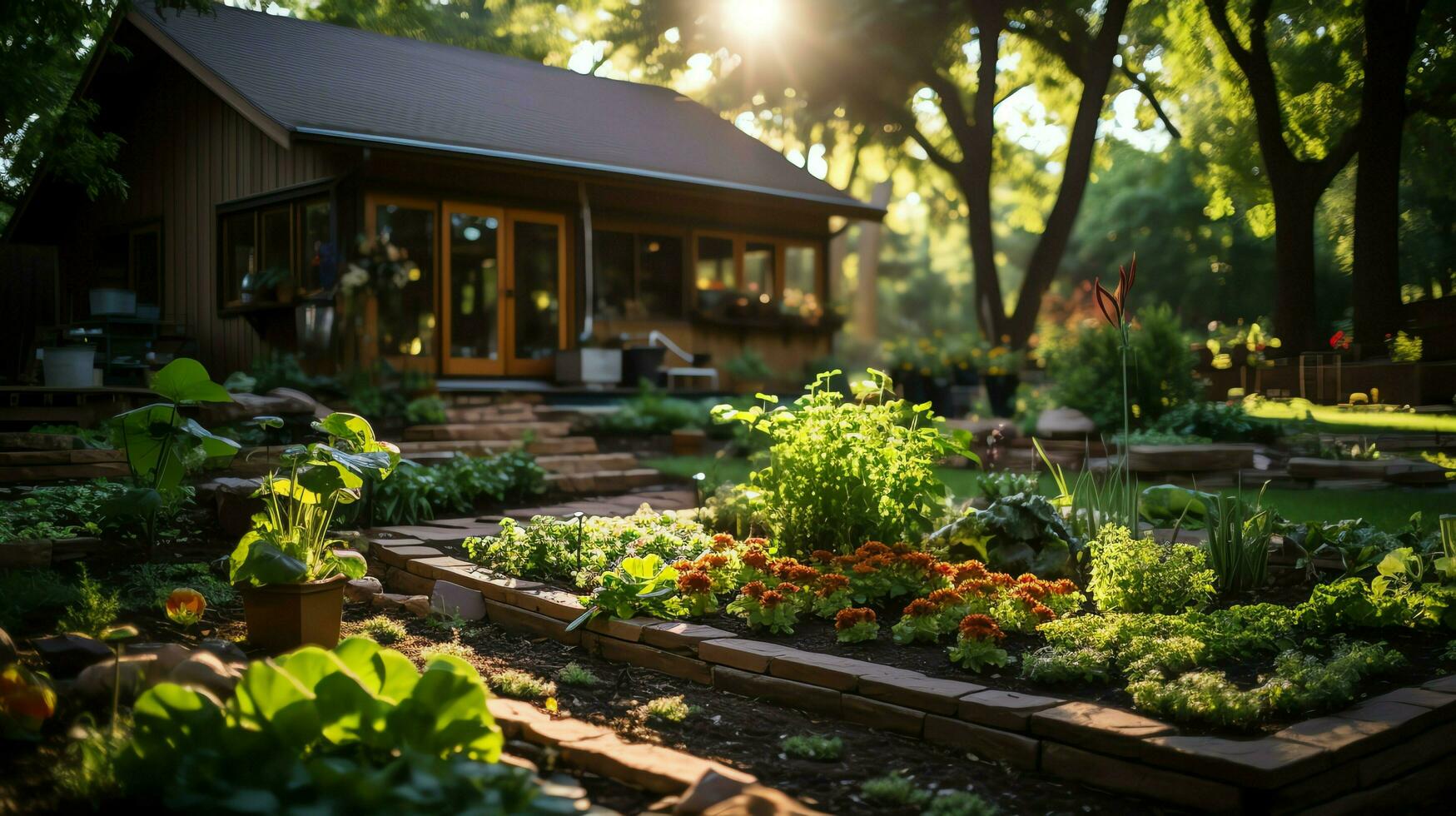 hölzern Haus im Dorf mit Pflanzen und Blumen im Hinterhof Garten. Garten und Blume auf ländlich Haus Konzept durch ai generiert foto