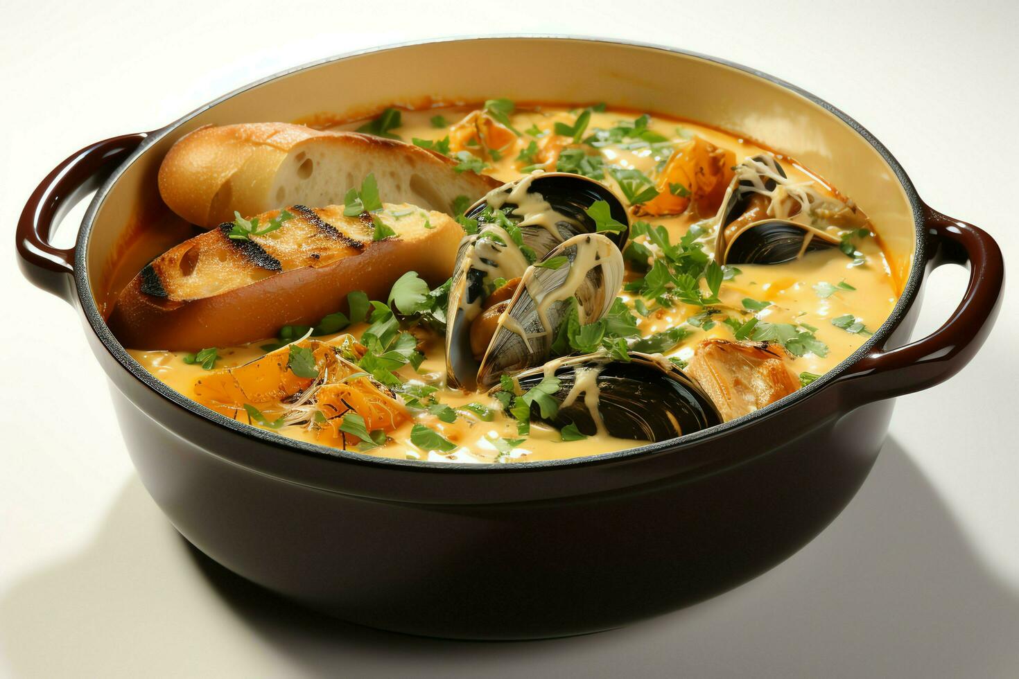 ein köstlich Bouillabaisse Suppe Essen im ein Schüssel. marseille Essen und gesund Protein Suppe Mahlzeit Konzept durch ai generiert foto