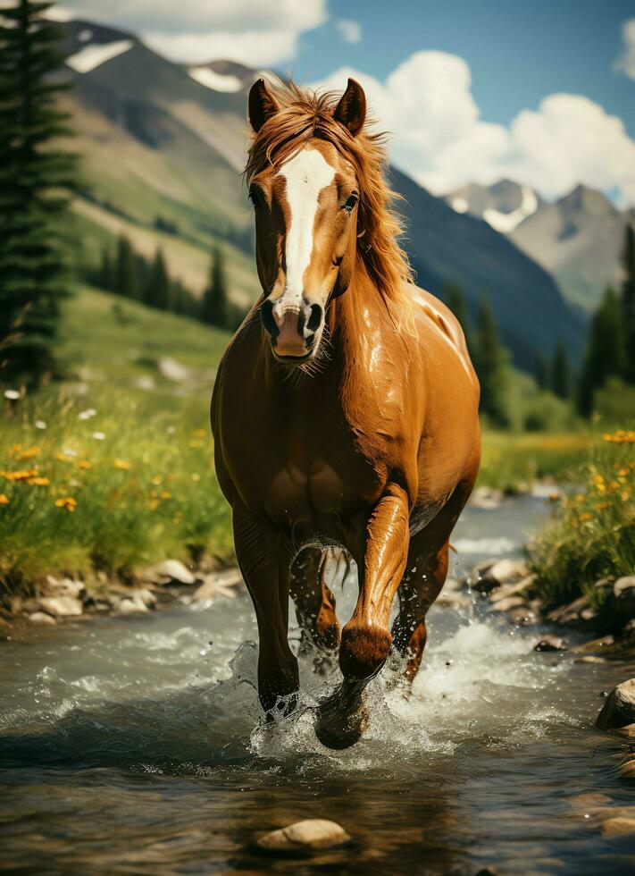 ein wild Pferd Laufen im das Bach. wild oder Bauernhof Tiere Konzept durch ai generiert foto