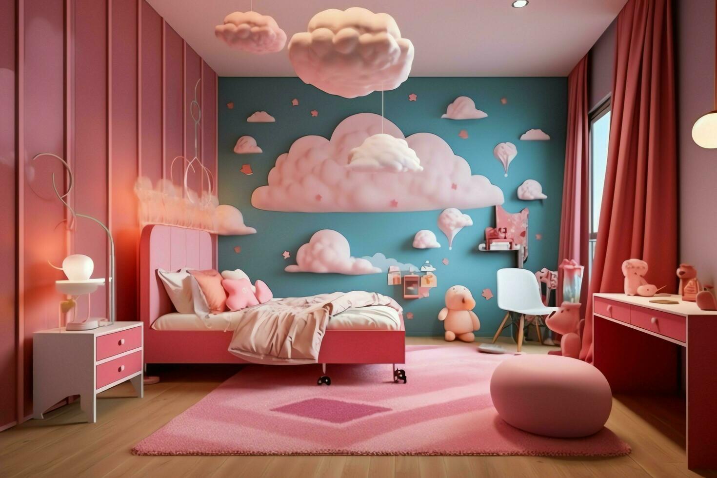 modern Kind Schlafzimmer Innere Design im Haus mit Dekoration Kinder. bunt Kinder Schlafzimmer Konzept durch ai generiert foto