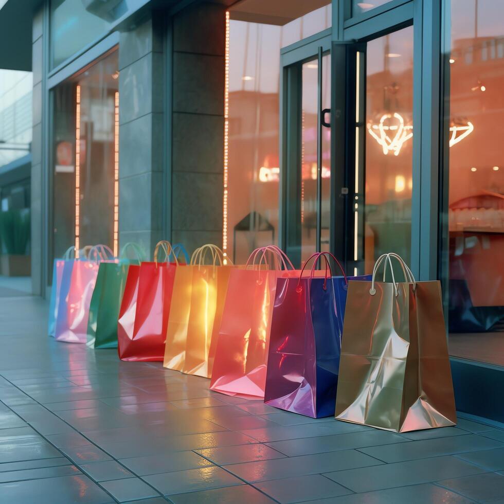 ein einstellen von bunt Einkaufen Taschen mit Griffe. Papier Einkaufen Taschen schließen hoch. Einkaufen Tage Konzept durch ai generiert foto