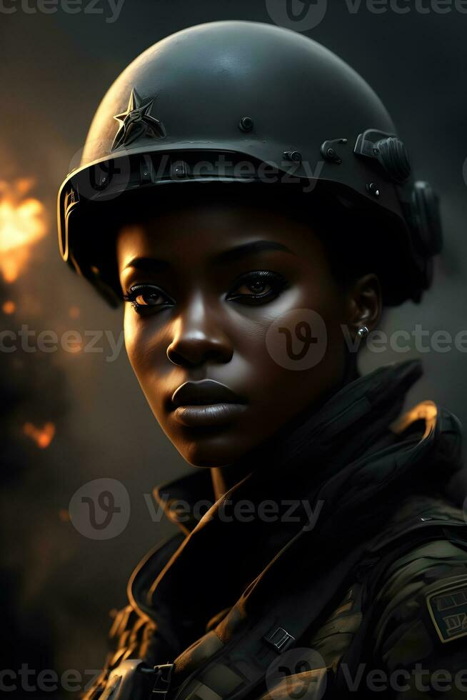 schwarz Frau tragen Militär- Uniform einschließlich tarnen Müdigkeit und ein Helm. generativ ai. foto