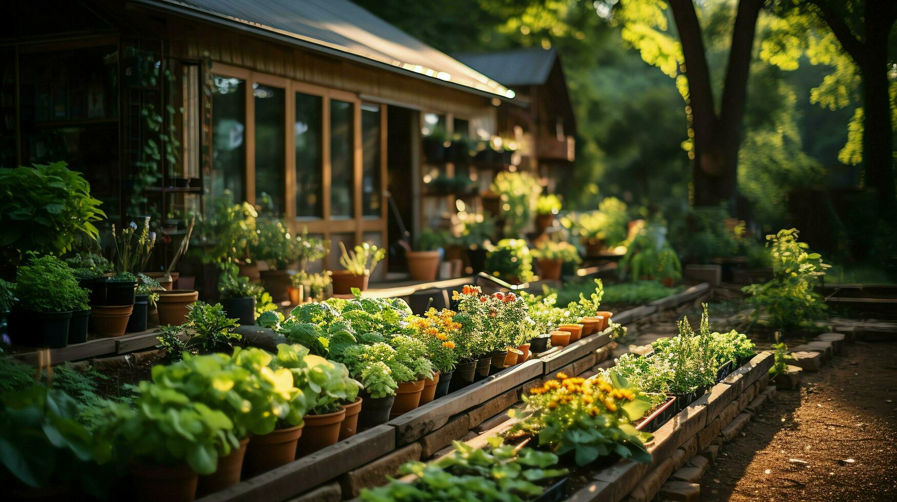 hölzern Haus im Dorf mit Pflanzen und Blumen im Hinterhof Garten. Garten und Blume auf ländlich Haus Konzept durch ai generiert foto