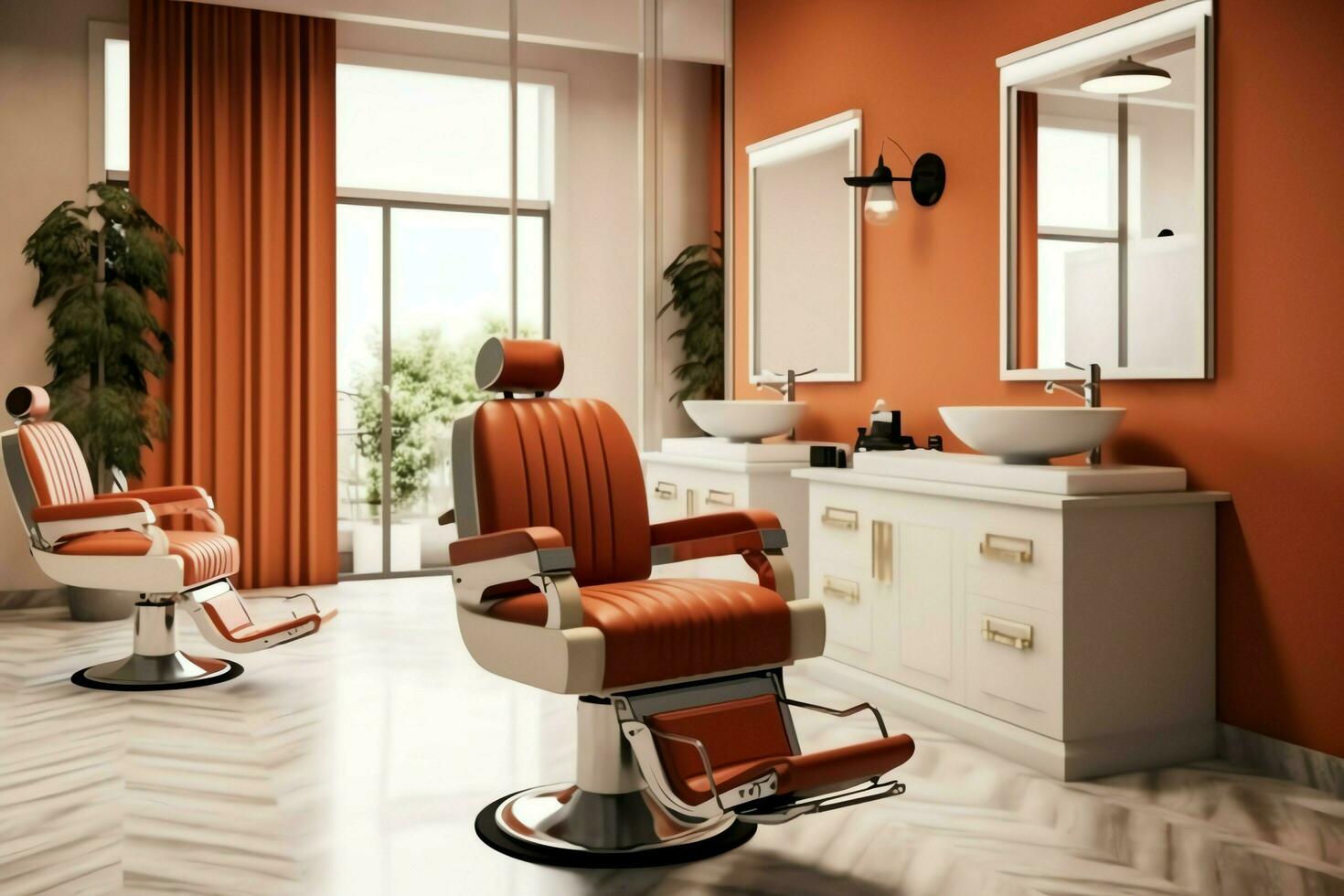 modern Friseur Innere mit Spiegel Stuhl und andere Ausrüstung in der Nähe von Fenster. Stühle im Friseur Konzept durch ai generiert foto
